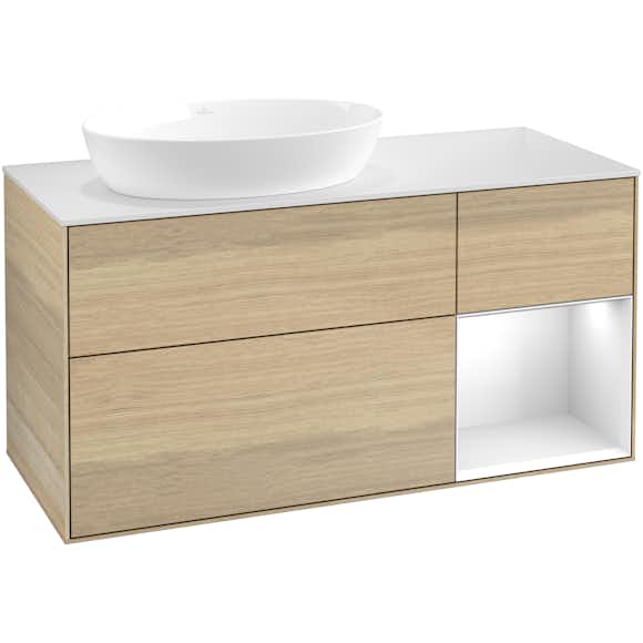 tvättställsskåp villeroy & boch finion med 3 lådor hylla och bänkskiva för ocentrerat tvättställ från artis & collaro