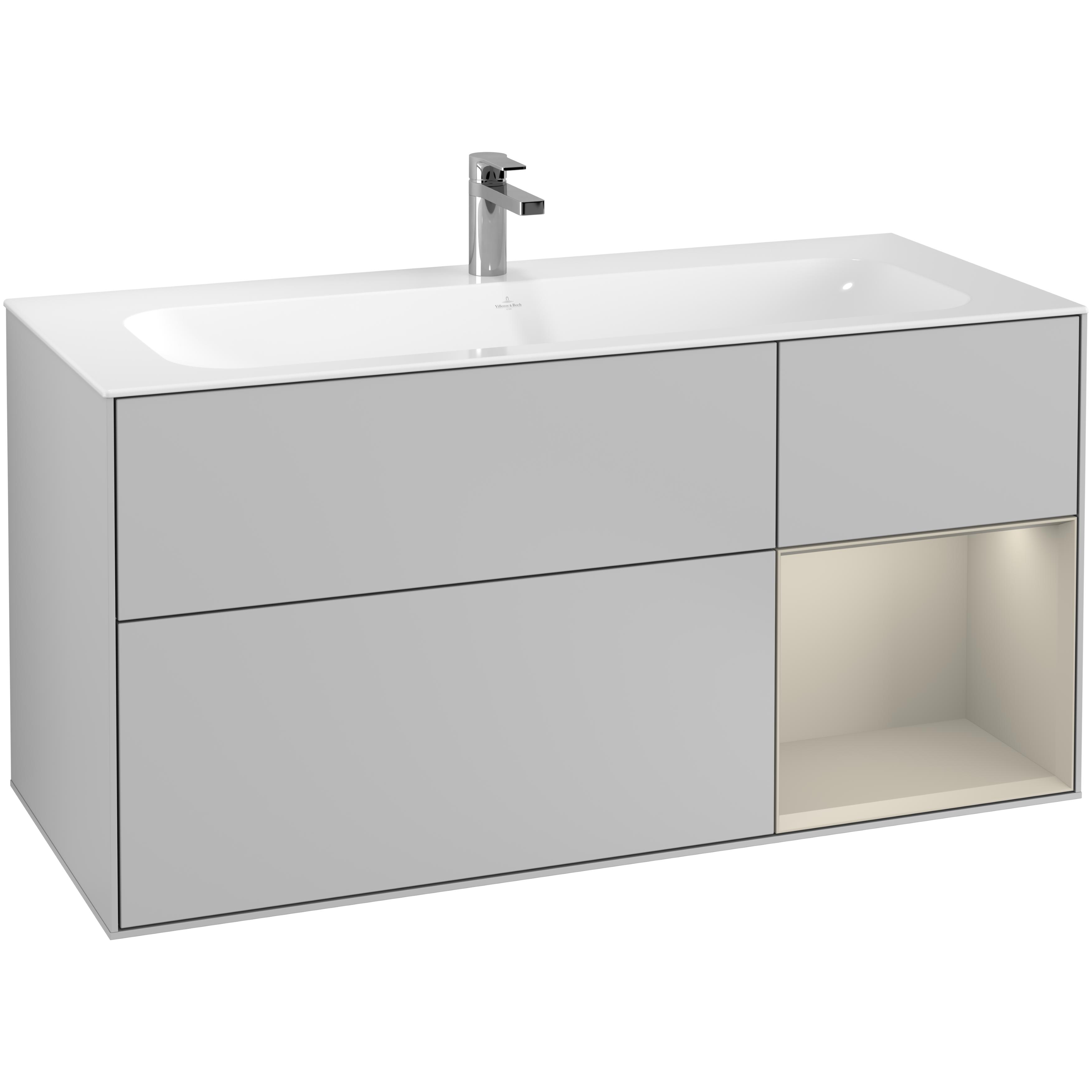 Tvättställsskåp Villeroy & Boch Finion med 3 Lådor och Hylla för Inbyggt Tvättställ Ljusgrå Mattlack/Sand Mattlack med Väggbelysning, Lucka Höger - Installation/montering finns att köpa till