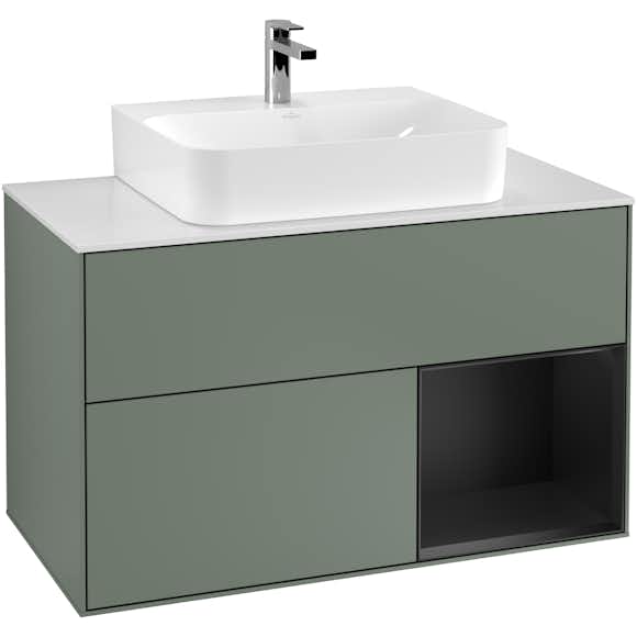 tvättställsskåp villeroy & boch finion med 2 lådor hylla och bänkskiva för centrerat tvättställ