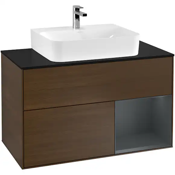 tvättställsskåp villeroy & boch finion med 2 lådor hylla och bänkskiva för centrerat tvättställ