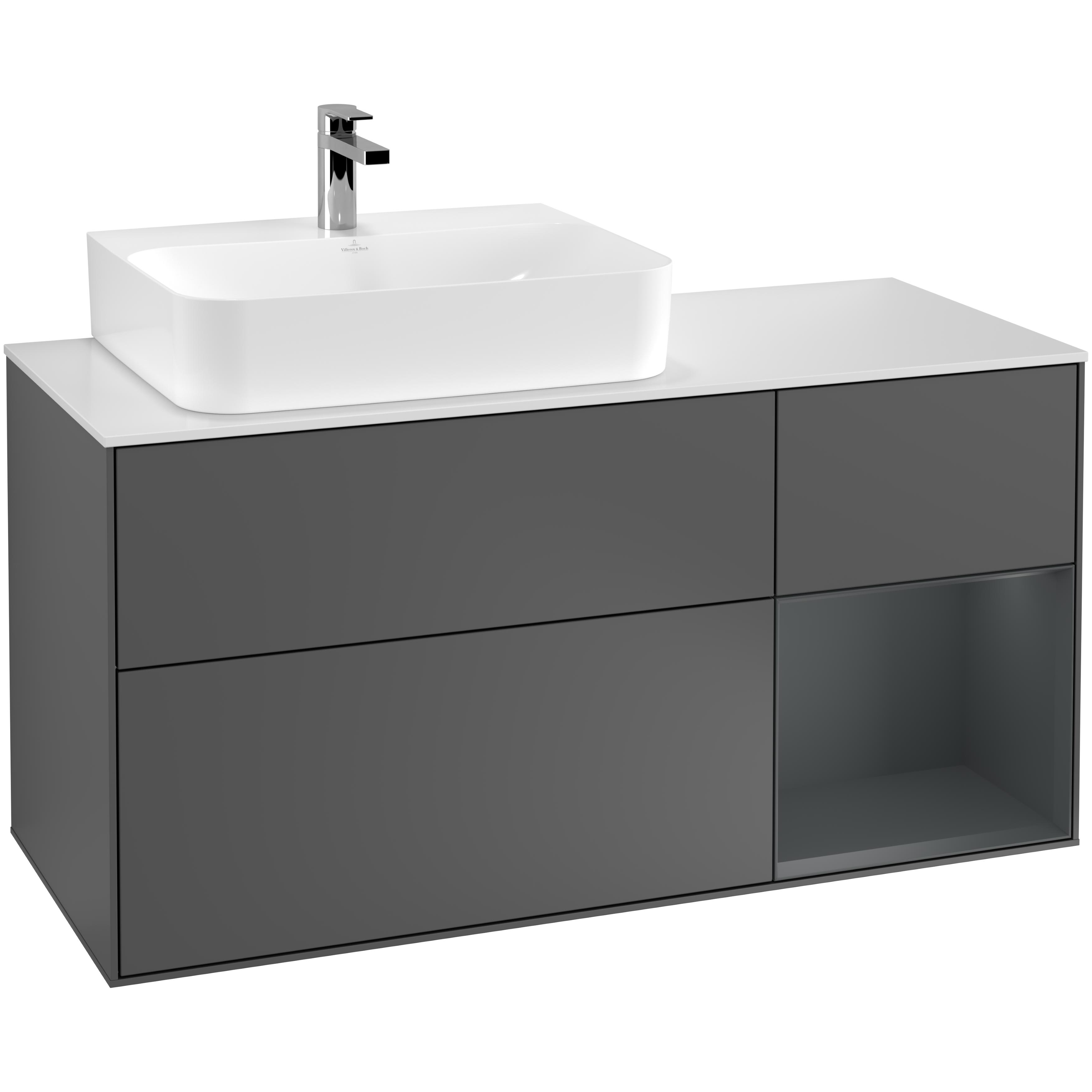 tvättställsskåp villeroy & boch finion med 3 lådor hylla och bänkskiva för ocentrerat tvättställ