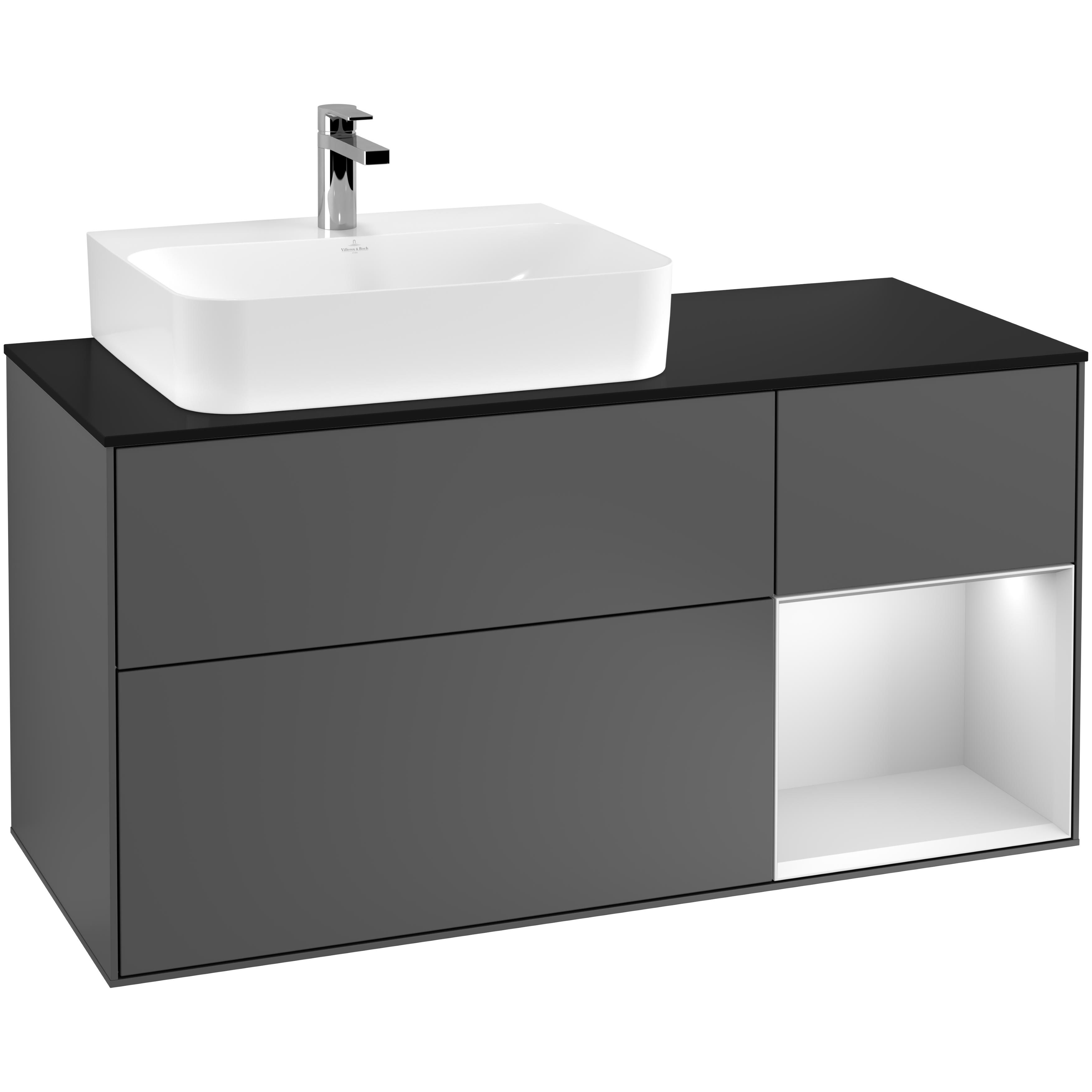 tvättställsskåp villeroy & boch finion med 3 lådor hylla och bänkskiva för ocentrerat tvättställ