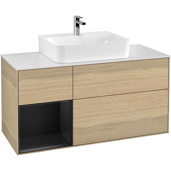 tvättställsskåp villeroy & boch finion med 3 lådor hylla och bänkskiva för centrerat tvättställ