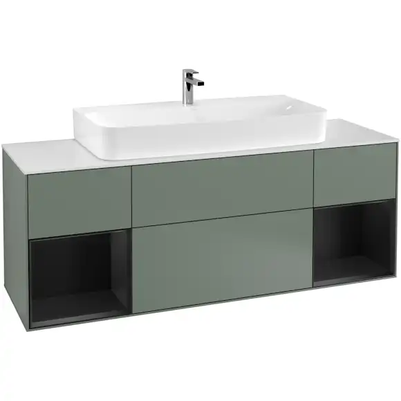 tvättställsskåp villeroy & boch finion med två hyllor och bänkskiva för centrerat tvättställ