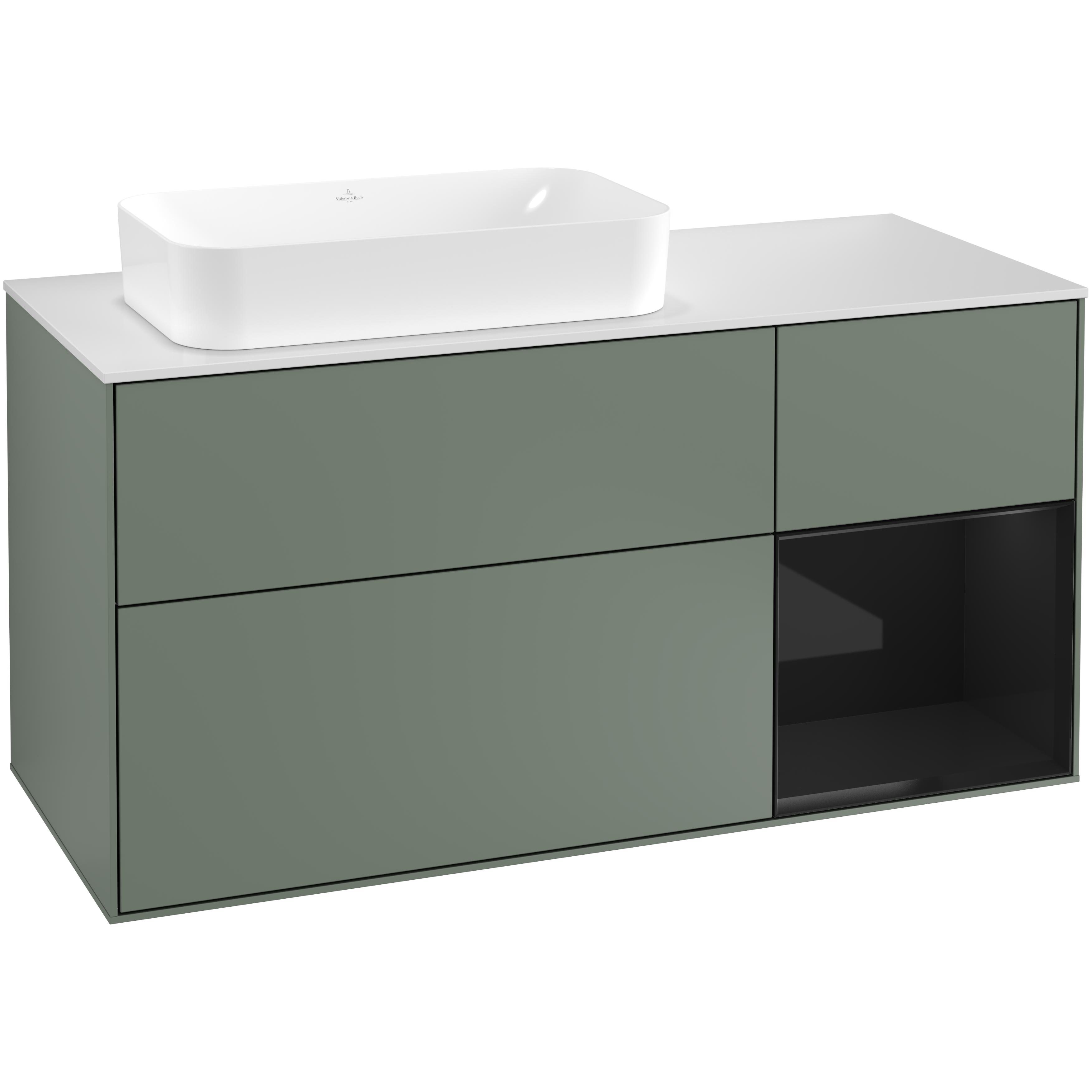 Tvättställsskåp Villeroy & Boch Finion med 3 Lådor Hylla och Bänkskiva för Ocentrerat Fristående Tvättställ Oliv Mattlack/Svart Högblank med bänkskiva i Mattvitt glas med Väggbelysning, Lucka Höger med Blandarhål