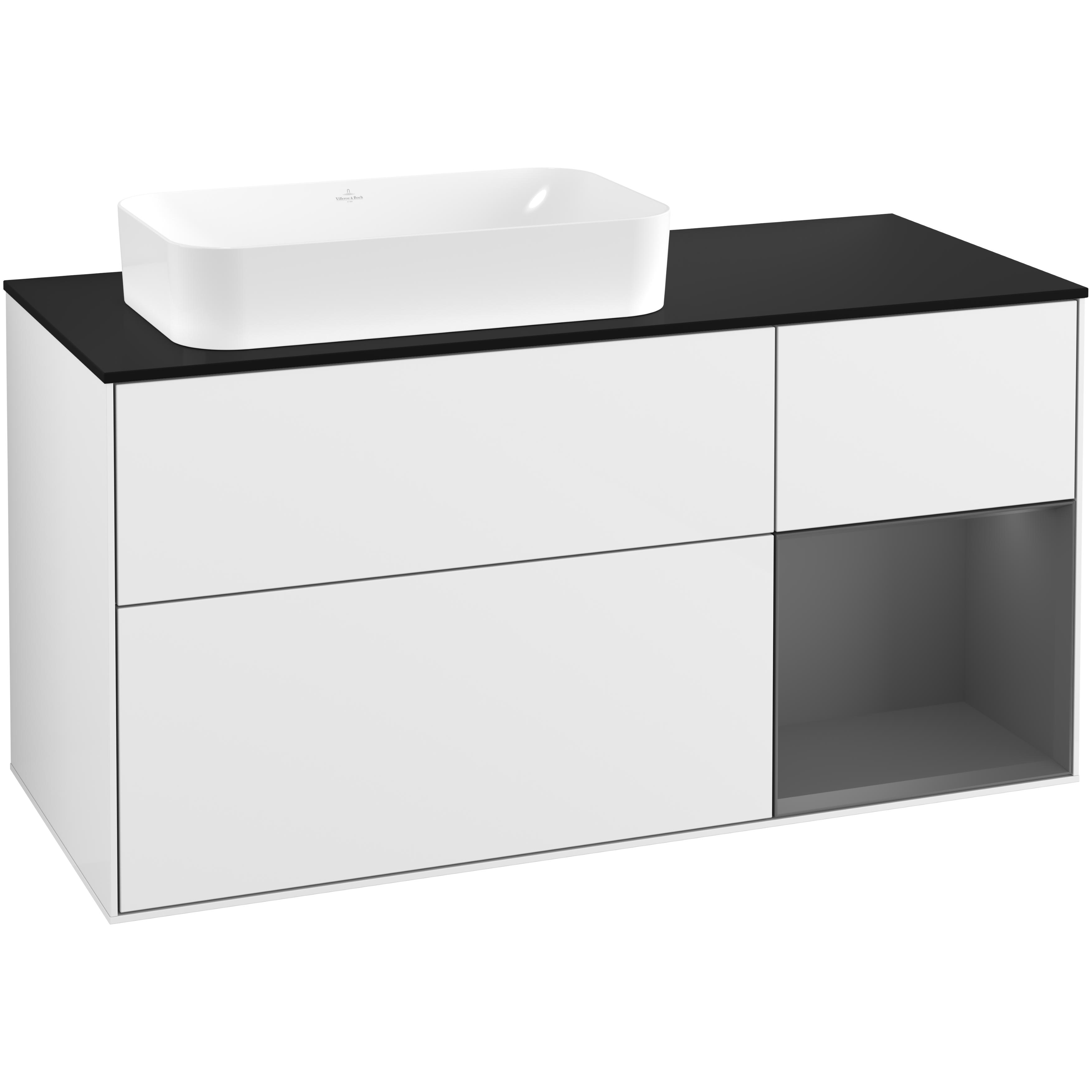 tvättställsskåp villeroy & boch finion med 3 lådor hylla och bänkskiva för ocentrerat fristående tvättställ