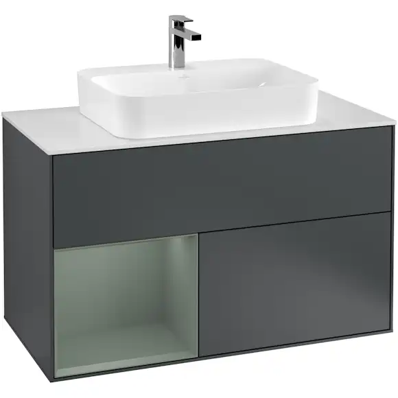 tvättställsskåp villeroy & boch finion med 2 lådor hylla och bänkskiva för ytmonterat tvättställ