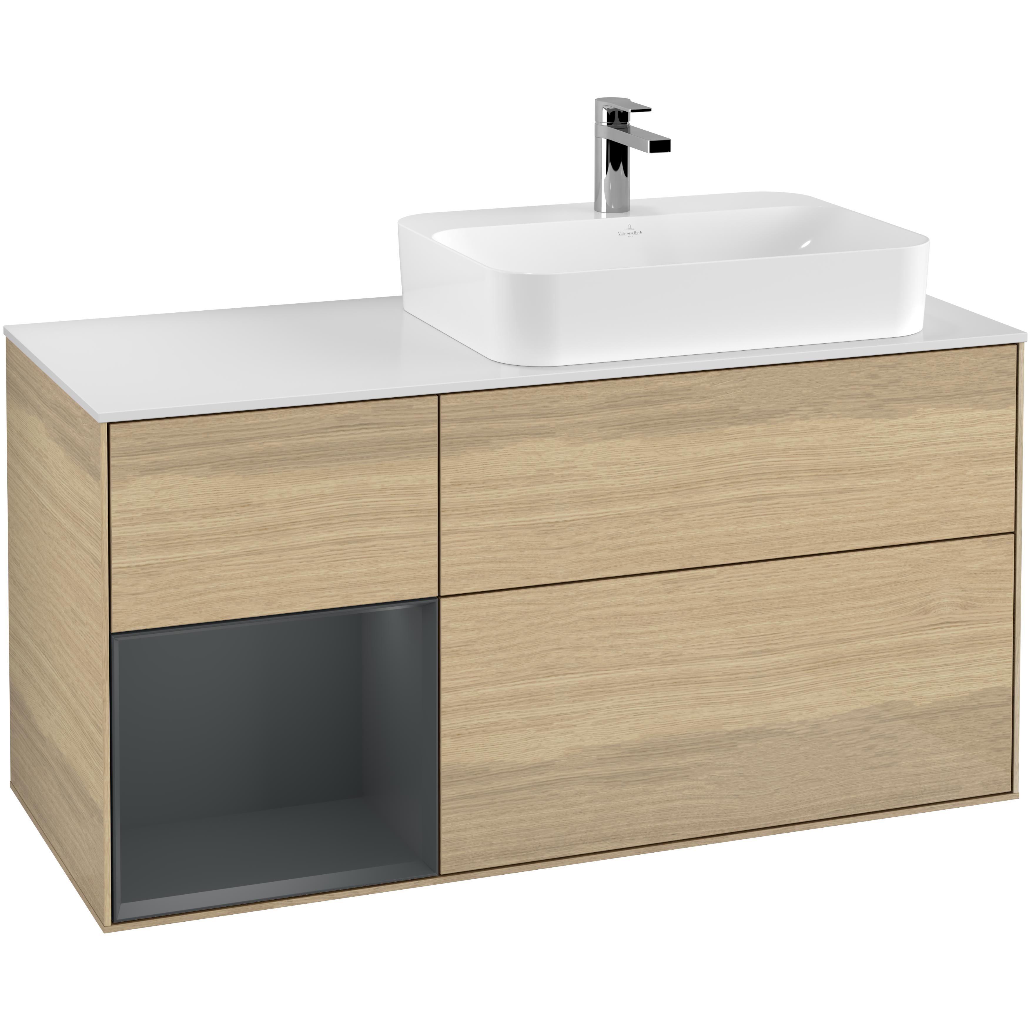 tvättställsskåp villeroy & boch finion med 3 lådor hylla och bänkskiva för ocentrerat ytmonterat tvättställ