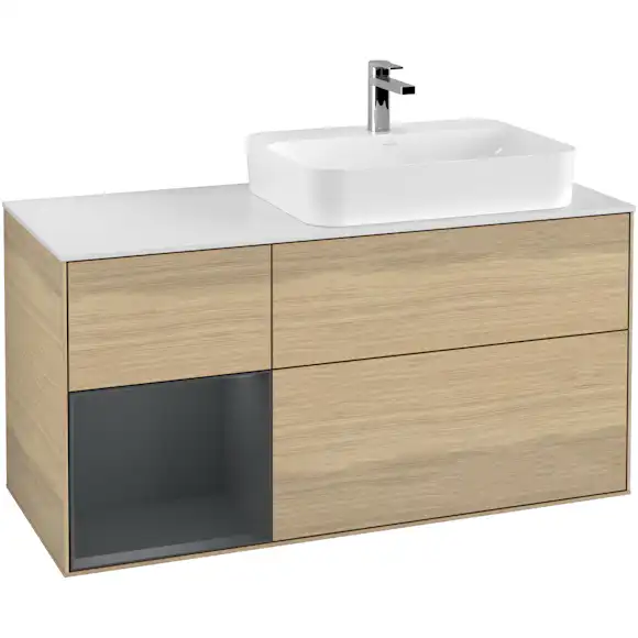 tvättställsskåp villeroy & boch finion med 3 lådor hylla och bänkskiva för ocentrerat ytmonterat tvättställ