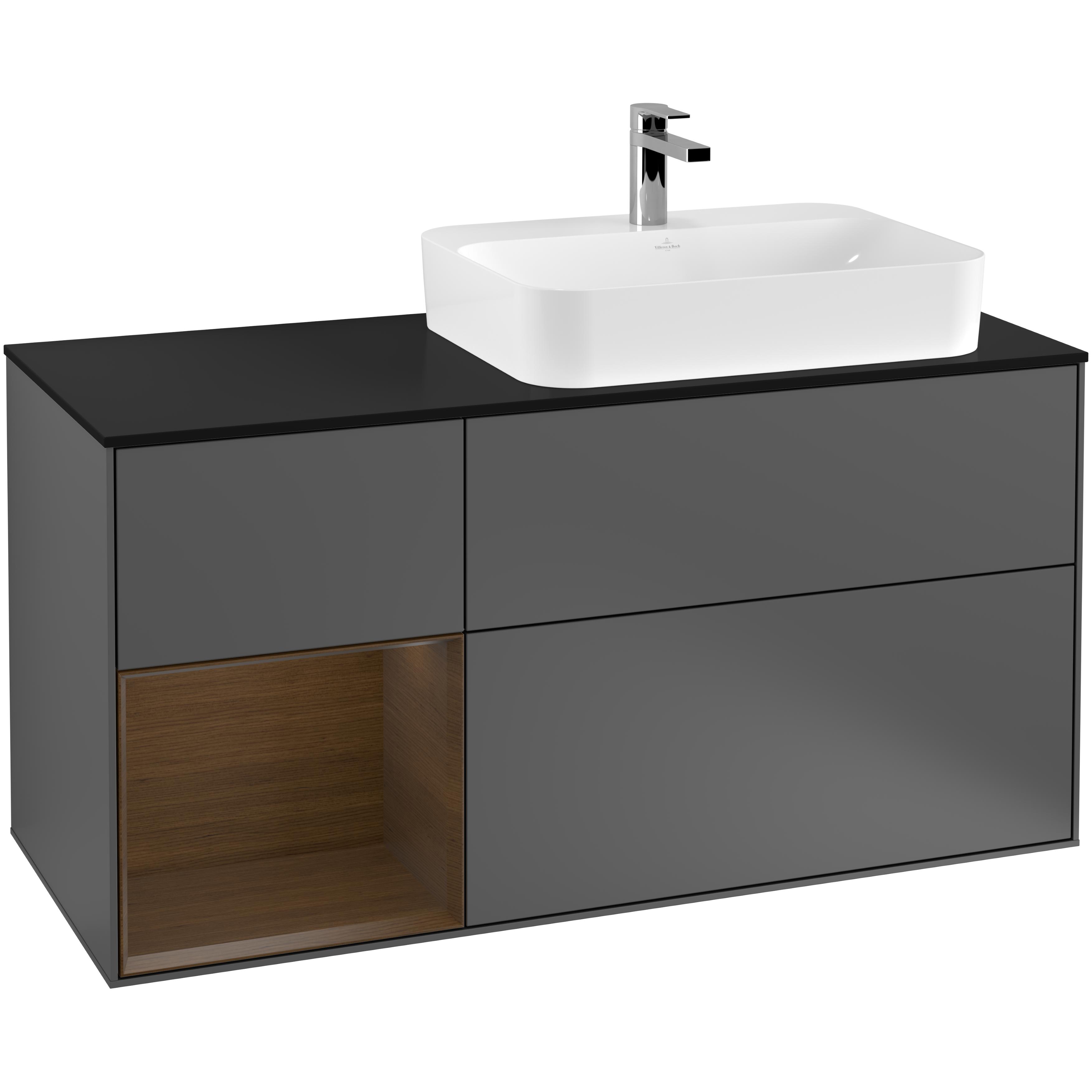 tvättställsskåp villeroy & boch finion med 3 lådor hylla och bänkskiva för ocentrerat ytmonterat tvättställ