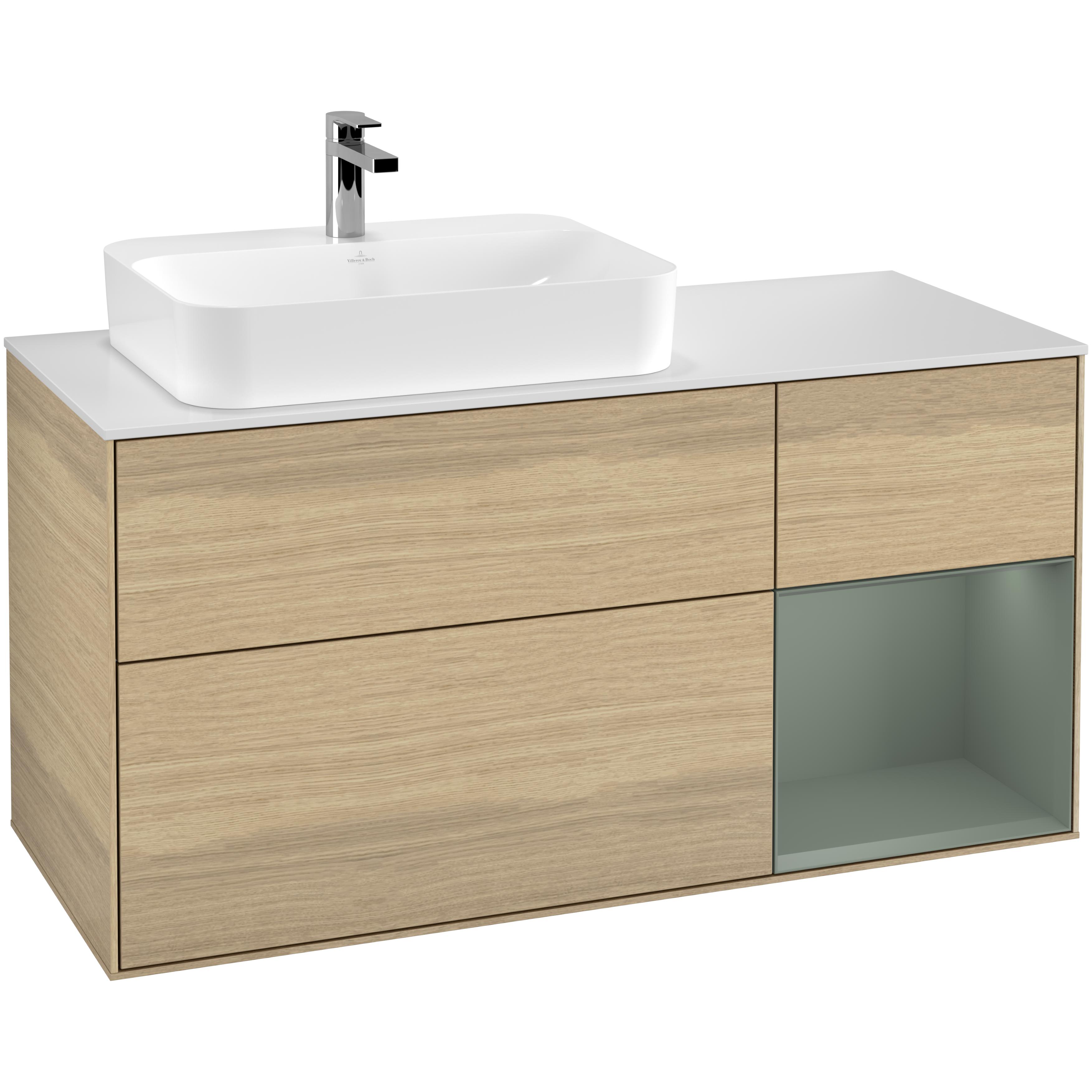 tvättställsskåp villeroy & boch finion med 3 lådor hylla och bänkskiva för ocentrerat ytmonterat tvättställ