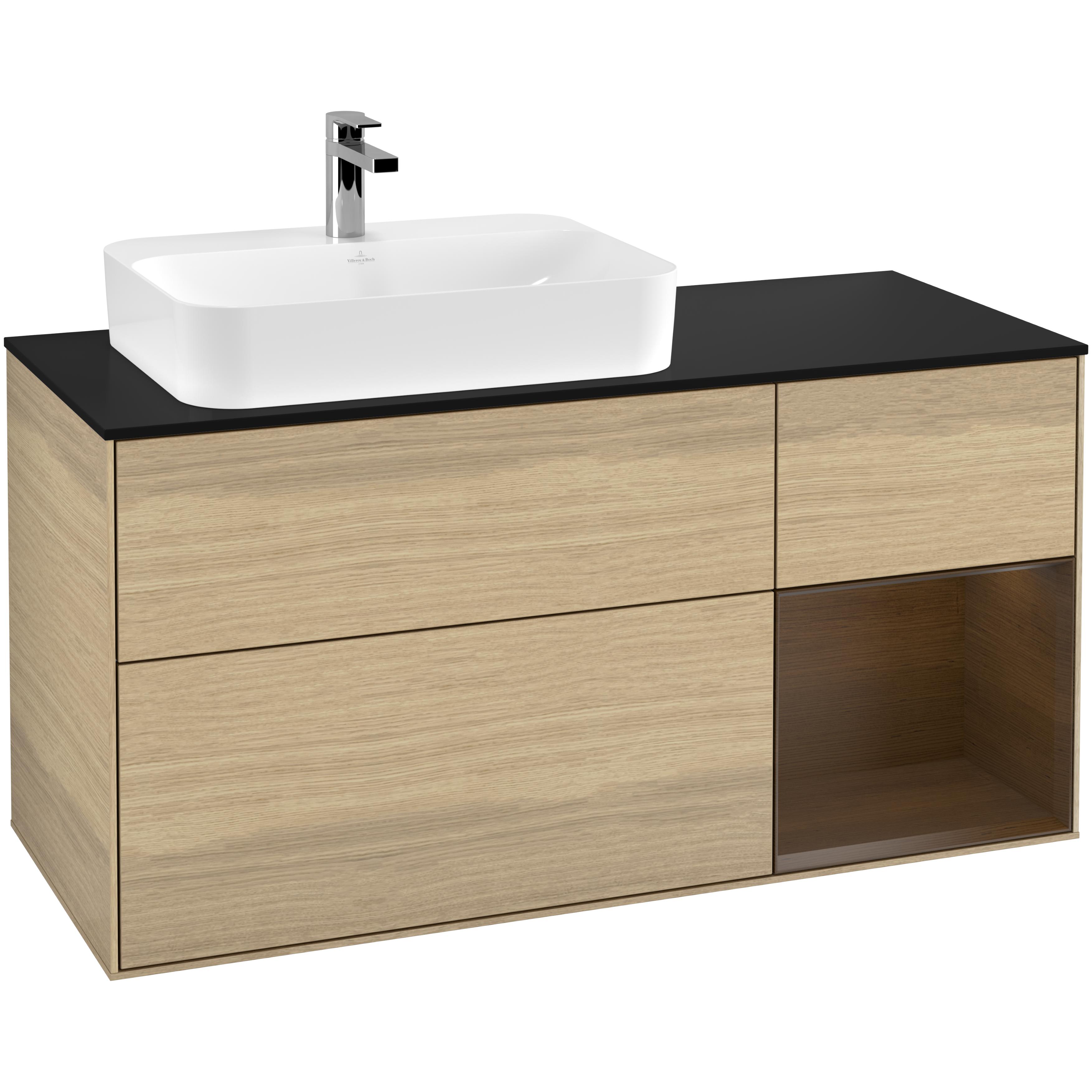 tvättställsskåp villeroy & boch finion med 3 lådor hylla och bänkskiva för ocentrerat ytmonterat tvättställ