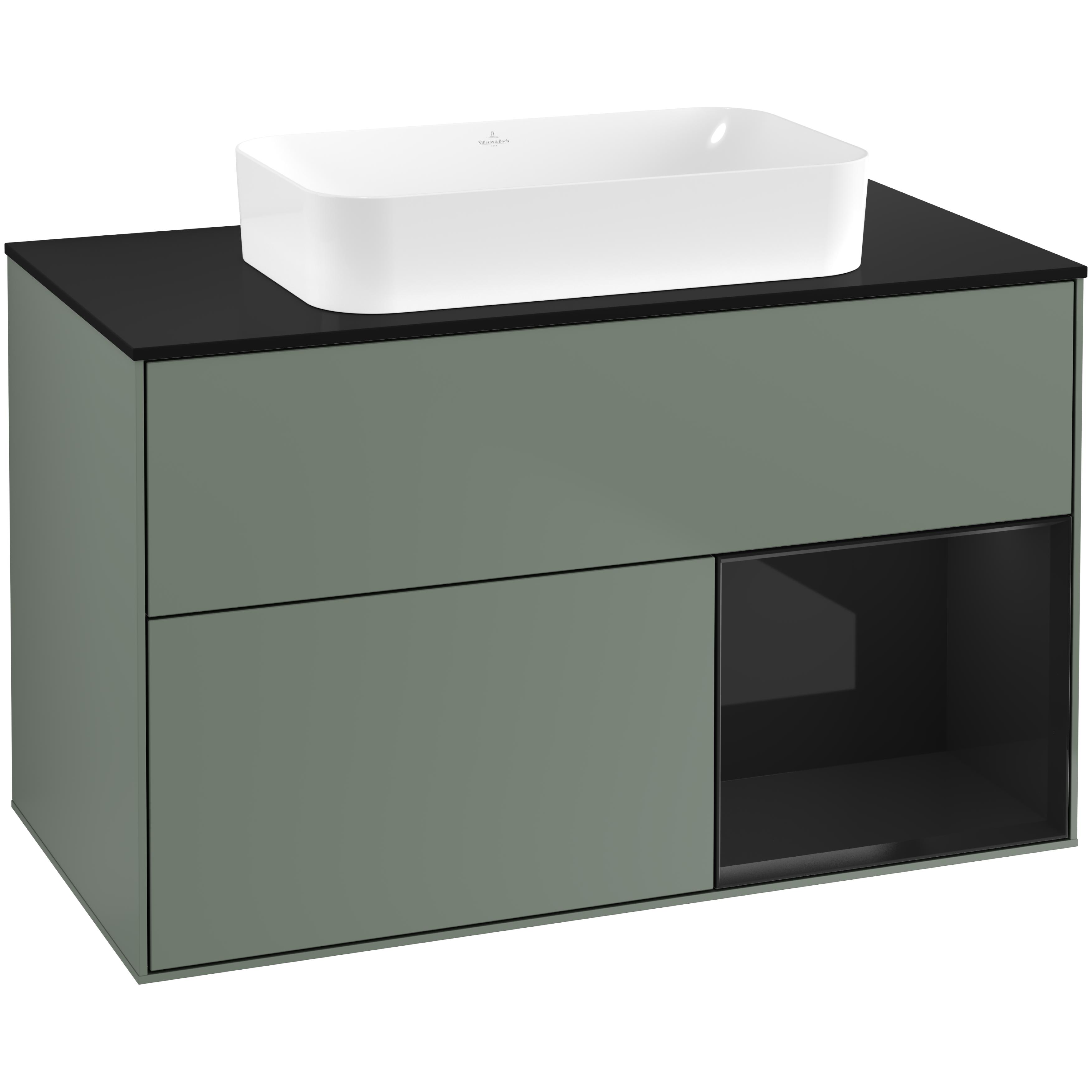 Tvättställsskåp Villeroy & Boch Finion med 2 Lådor Hylla och Bänkskiva för Fristående Tvättställ Oliv Mattlack/Svart Högblank med bänkskiva i Mattsvart glas med Väggbelysning, Lucka Höger utan Blandarhål