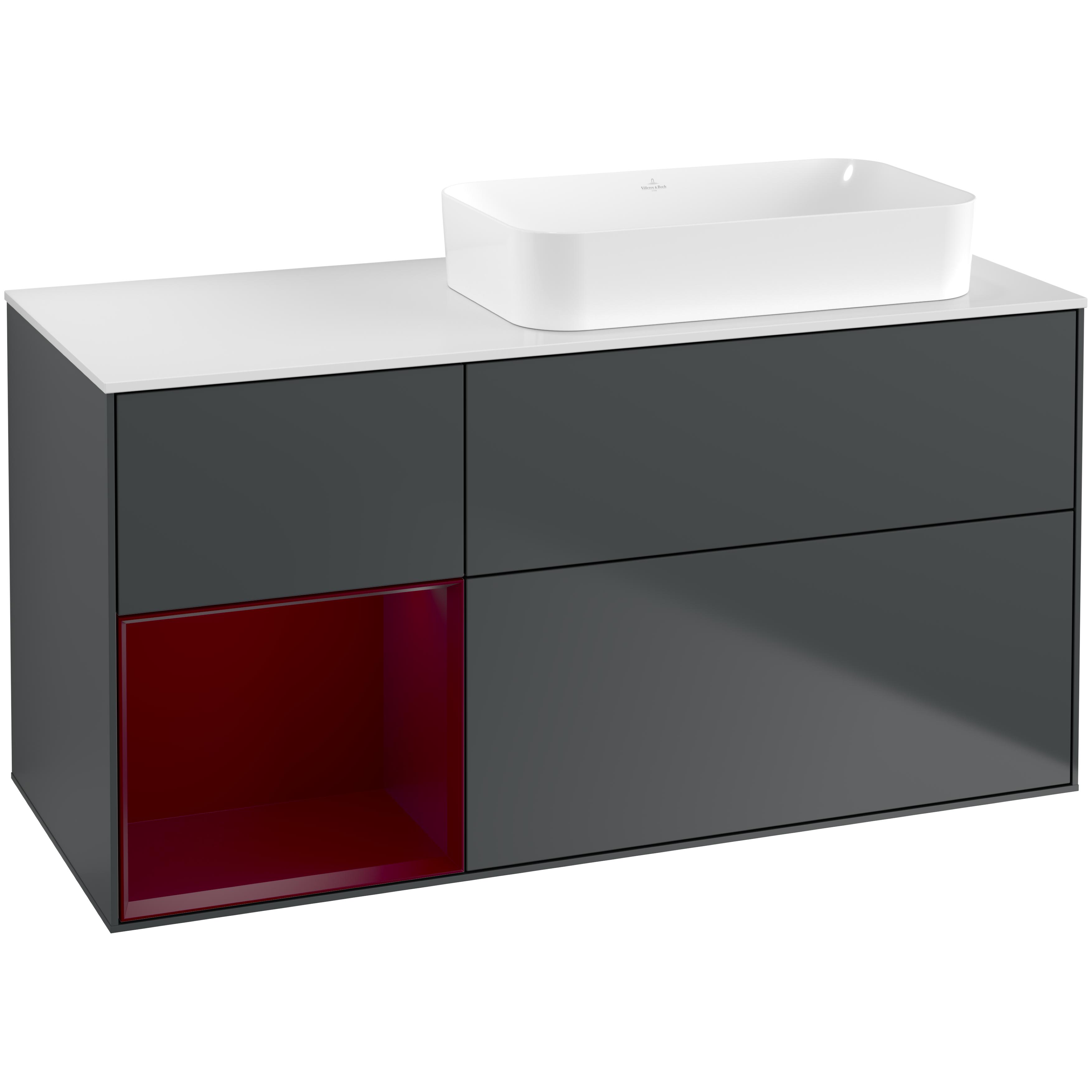 tvättställsskåp villeroy & boch finion med 3 lådor hylla och bänkskiva för ocentrerat fristående tvättställ