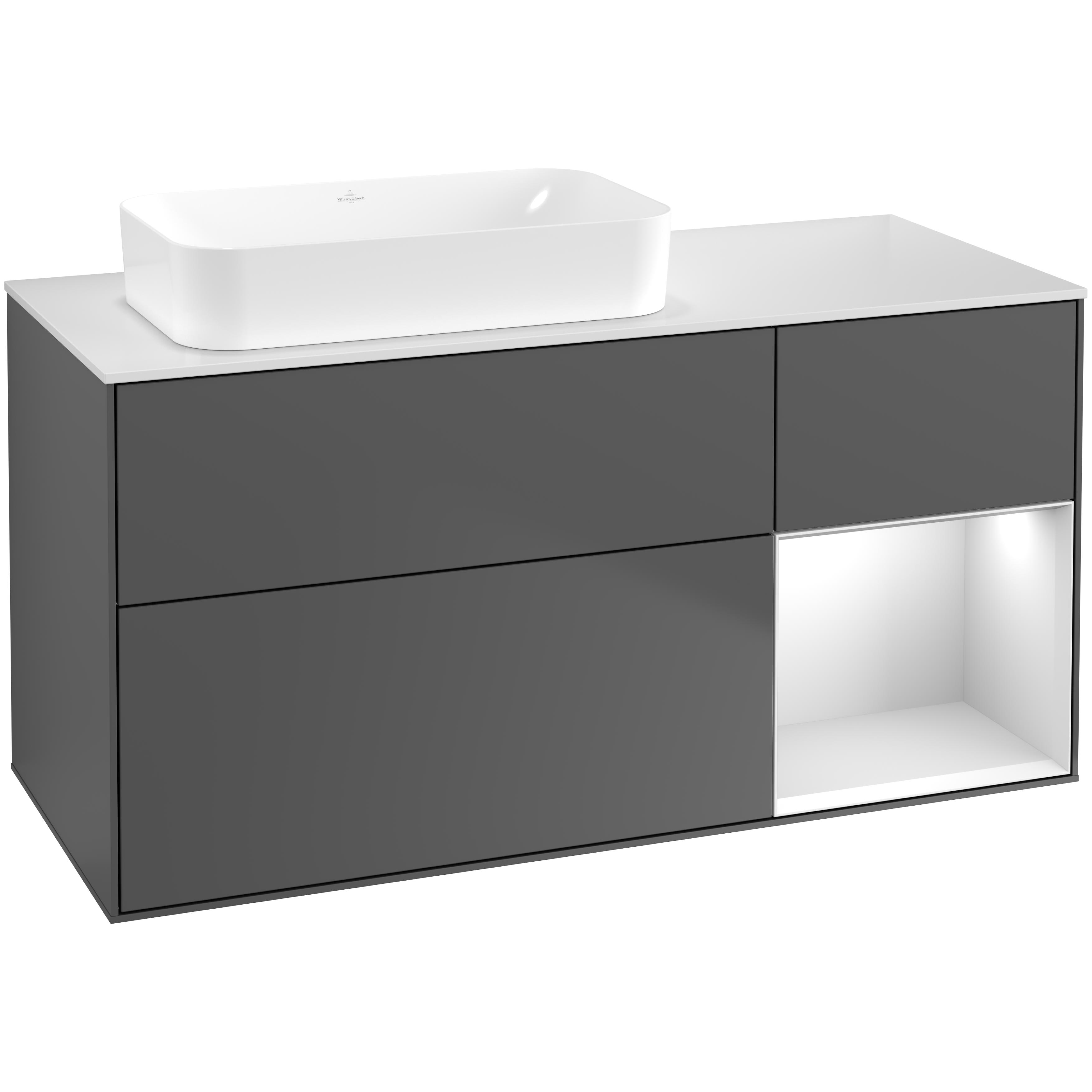 tvättställsskåp villeroy & boch finion med 3 lådor hylla och bänkskiva för ocentrerat fristående tvättställ