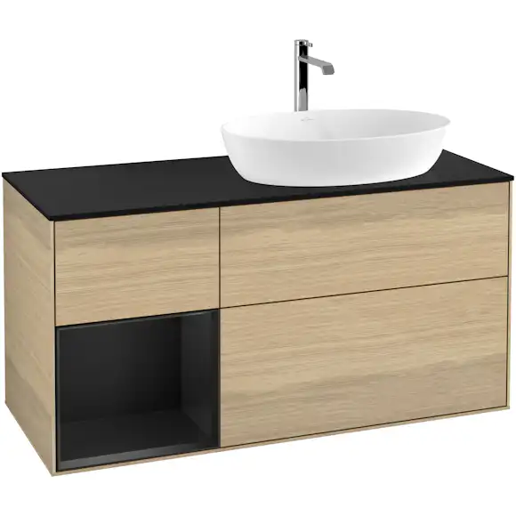 tvättställsskåp villeroy & boch finion med 3 lådor hylla och bänkskiva för ocentrerat tvättställ från artis & collaro