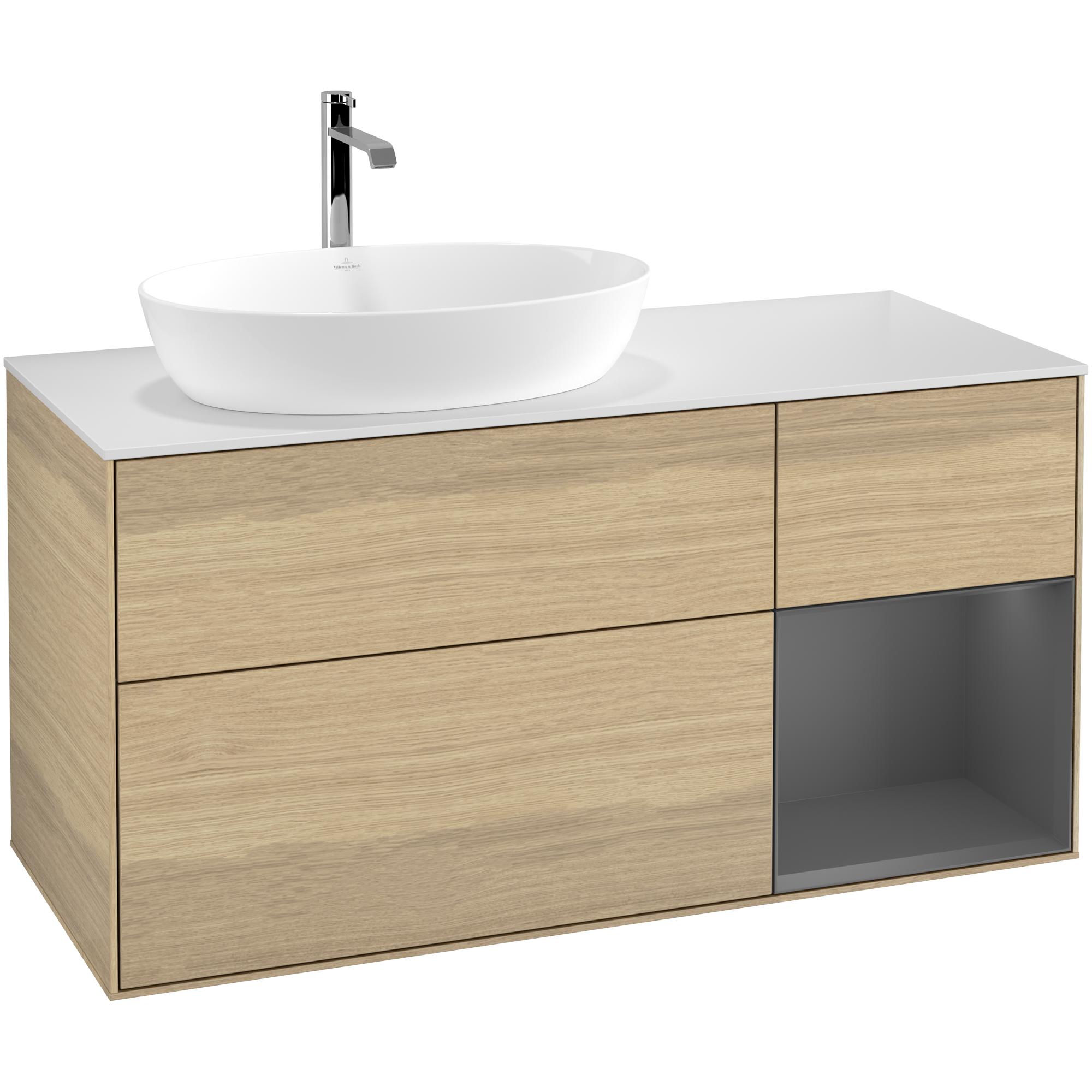 tvättställsskåp villeroy & boch finion med 3 lådor hylla och bänkskiva för ocentrerat tvättställ från artis & collaro