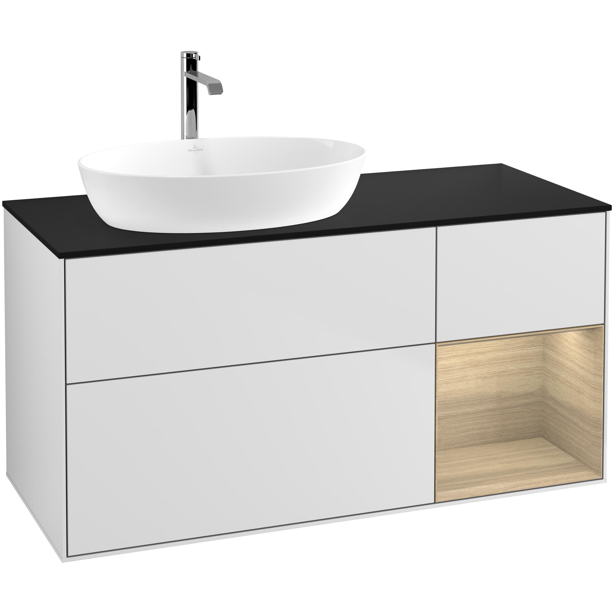 tvättställsskåp villeroy & boch finion med 3 lådor hylla och bänkskiva för ocentrerat tvättställ från artis & collaro