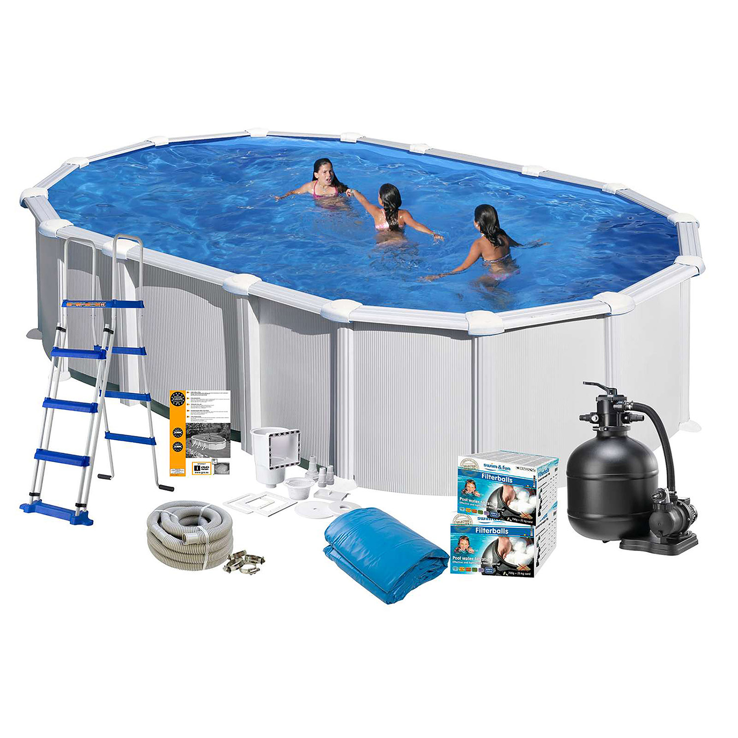 Poolpaket Swim & Fun White Steel Oval Baspaket 132 cm Djup LxB 610x375 cm