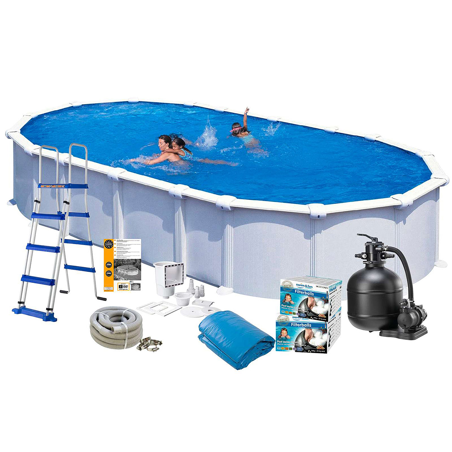 Poolpaket Swim & Fun White Steel Oval Baspaket 132 cm Djup LxB 915x470 cm