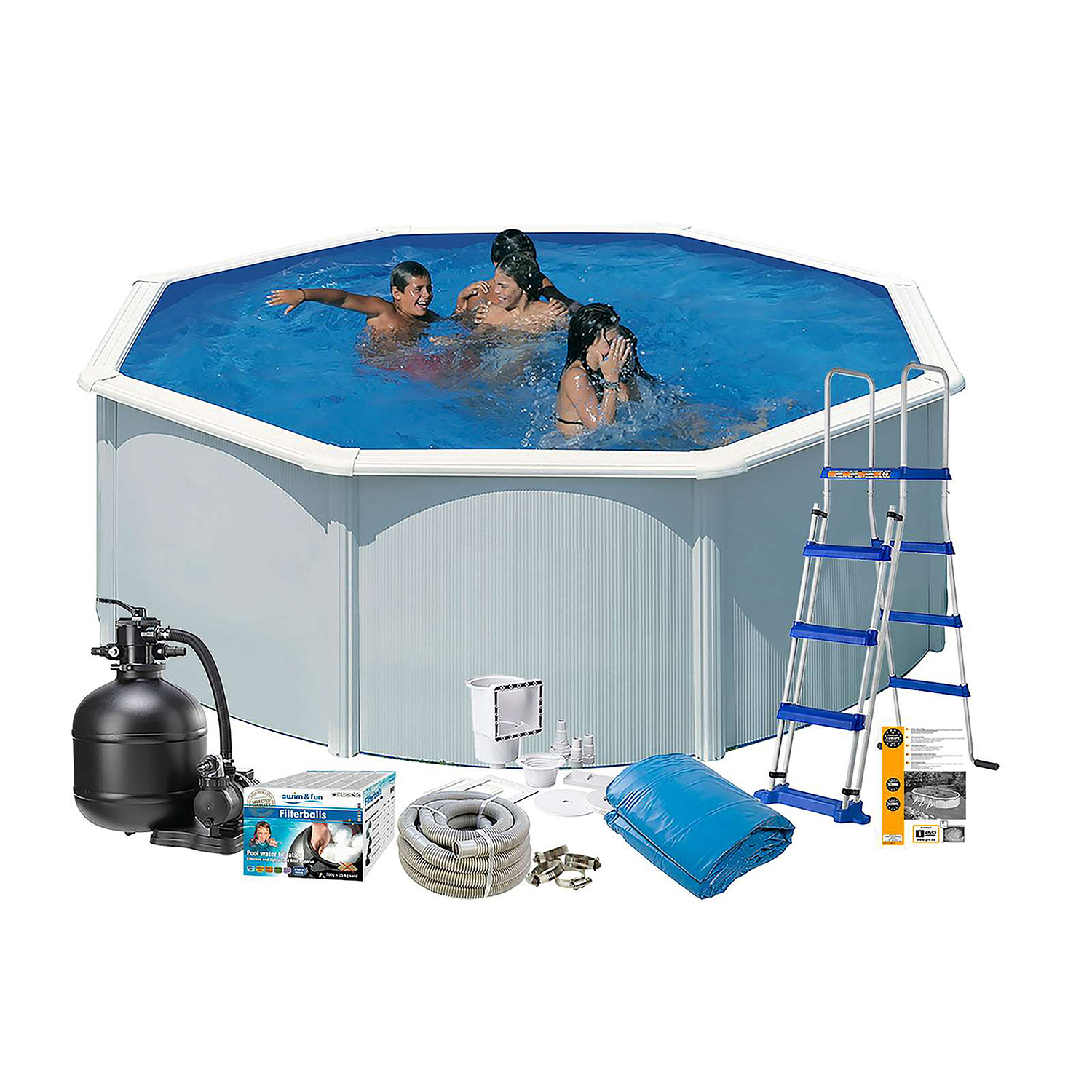 Poolpaket Swim & Fun White Steel Rund Baspaket 132 cm Djup Diameter: 350 cm