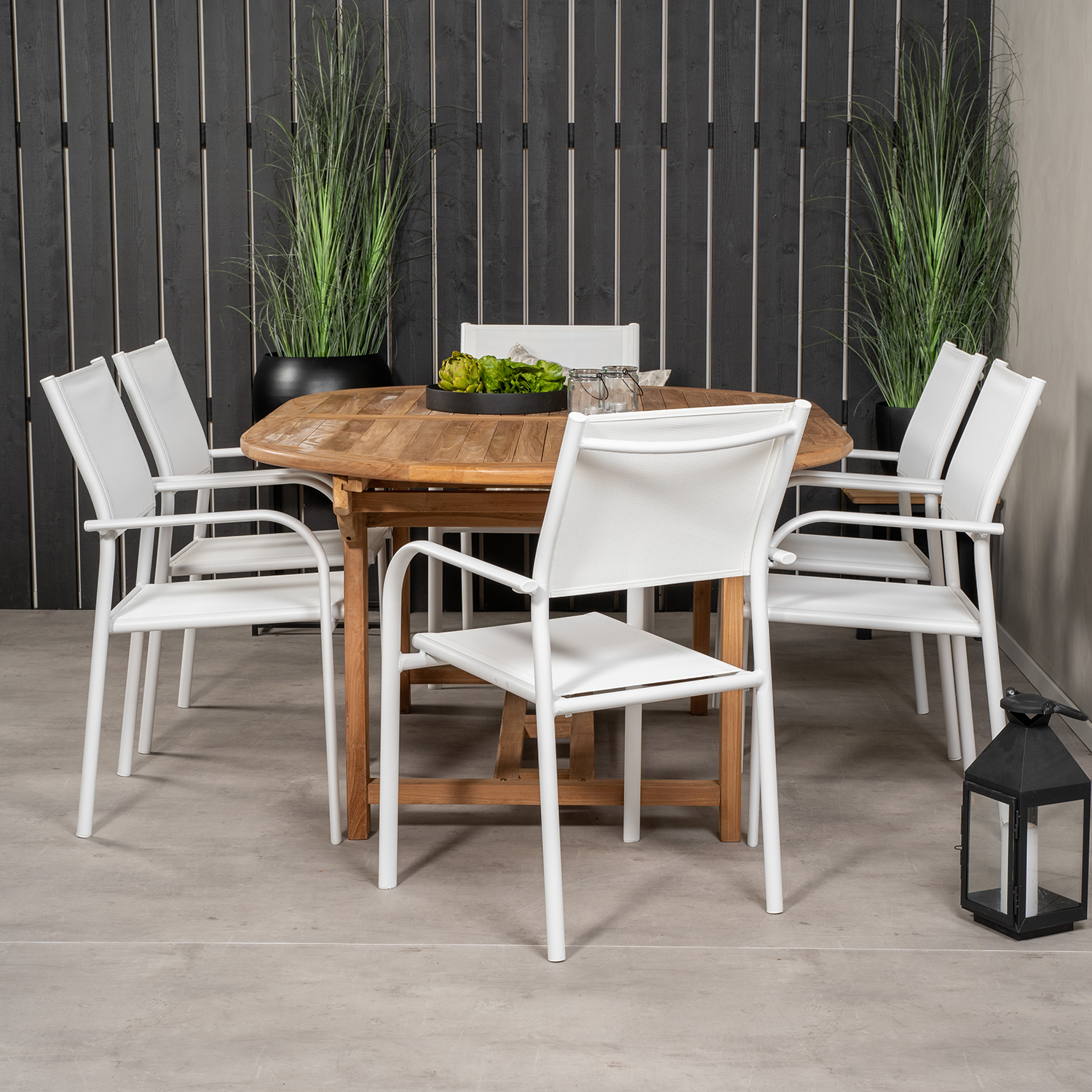 Spisegruppe Venture Home Kenya 180-240x120 Teak med 6 Santorini Lenestoler