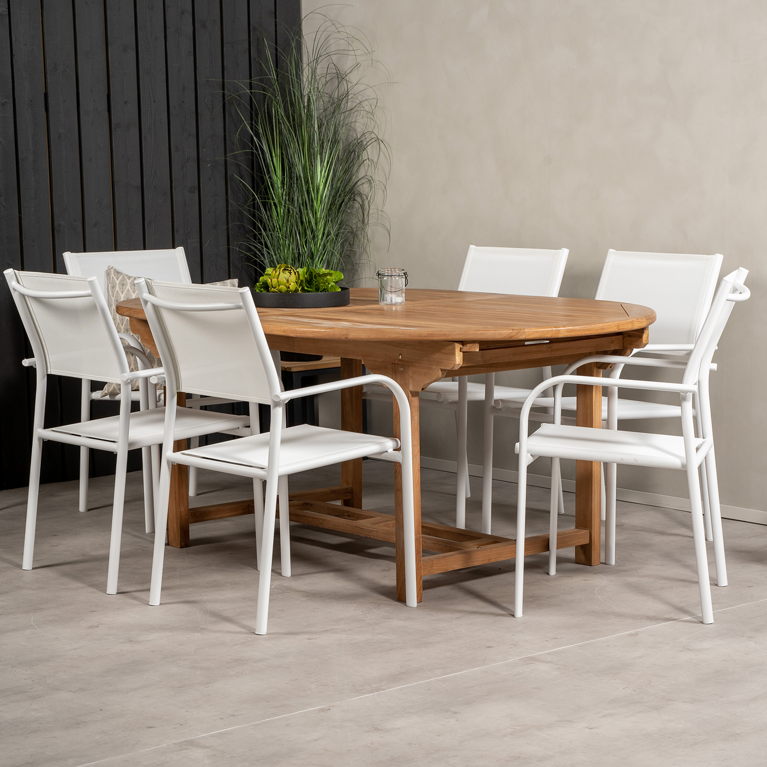 Spisegruppe Venture Home Kenya 180-240x120 Teak med 6 Santorini Lenestoler