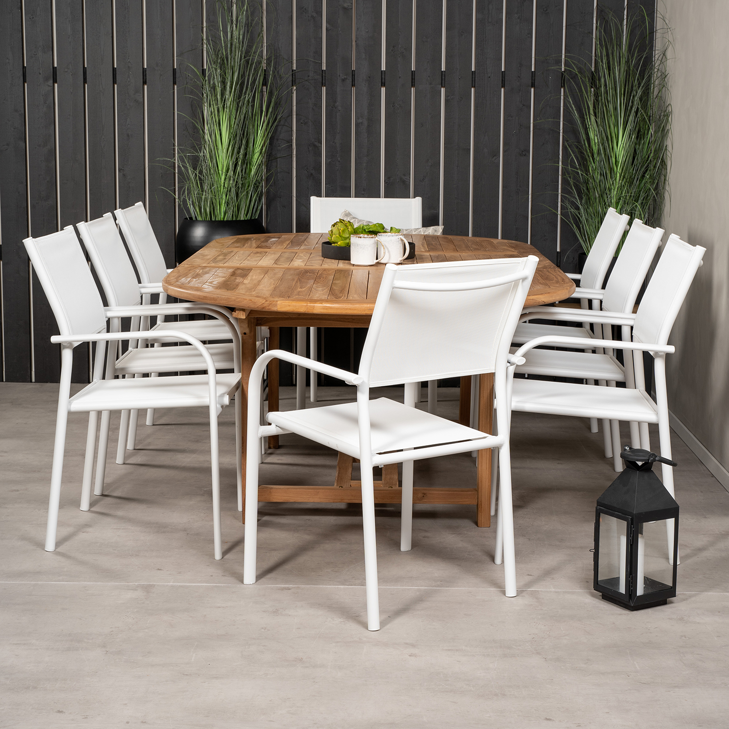 Spisegruppe Venture Home Kenya 180-240x120 Teak med 8 Santorini Lenestoler