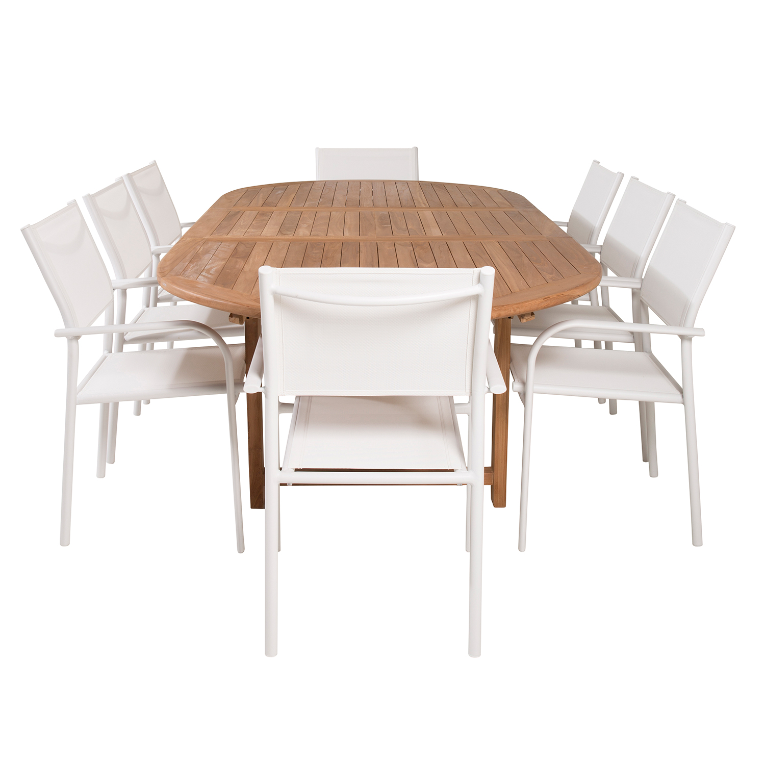 Spisegruppe Venture Home Kenya 180-240x120 Teak med 8 Santorini Lenestoler