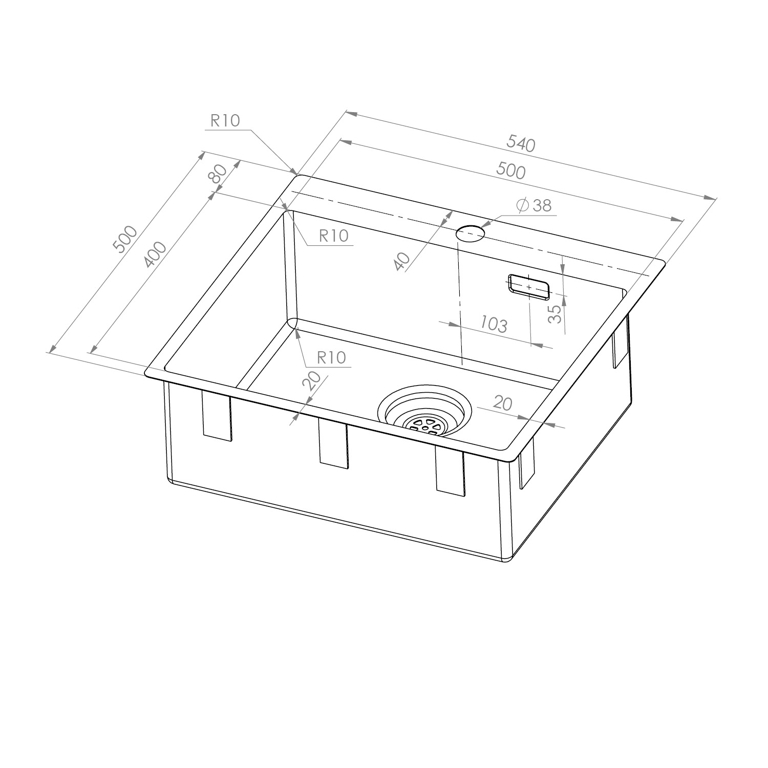 Enkelvask Strand Stainless SOLID med clips och blandarplats
