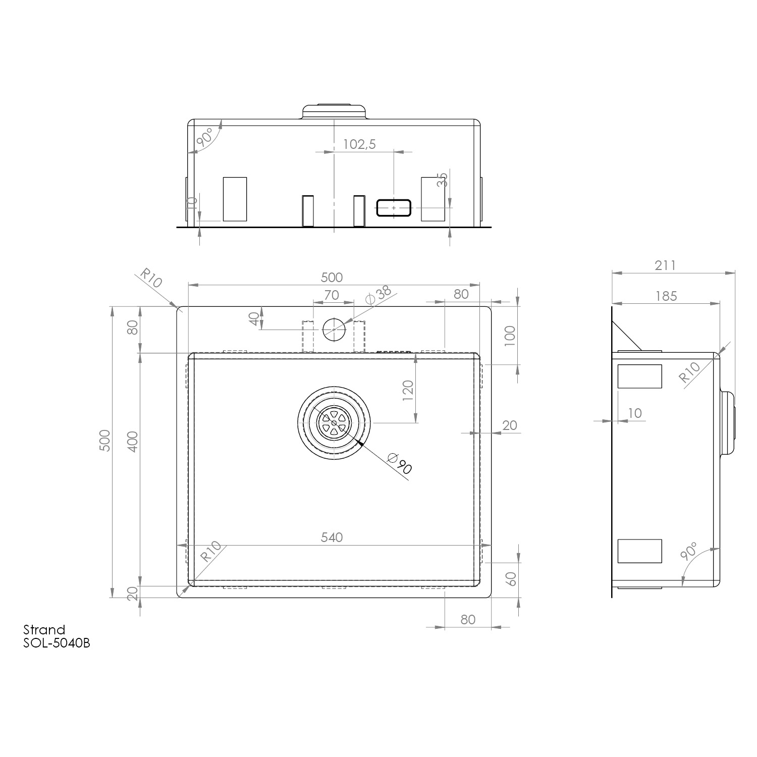 Enkelvask Strand Stainless SOLID med clips och blandarplats PVD Gun Metal