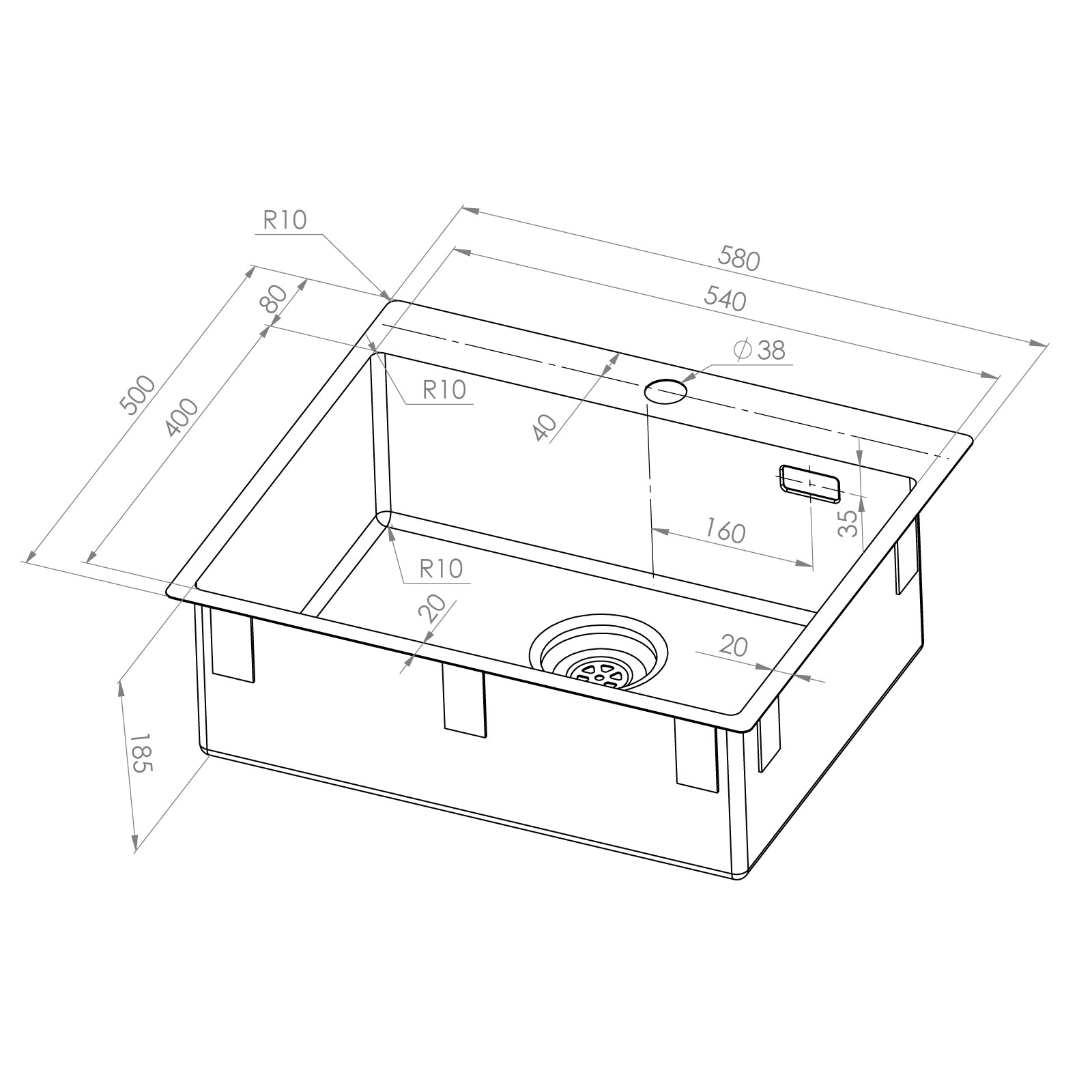 Enkelvask Strand Stainless SOLID med clips och blandarplats