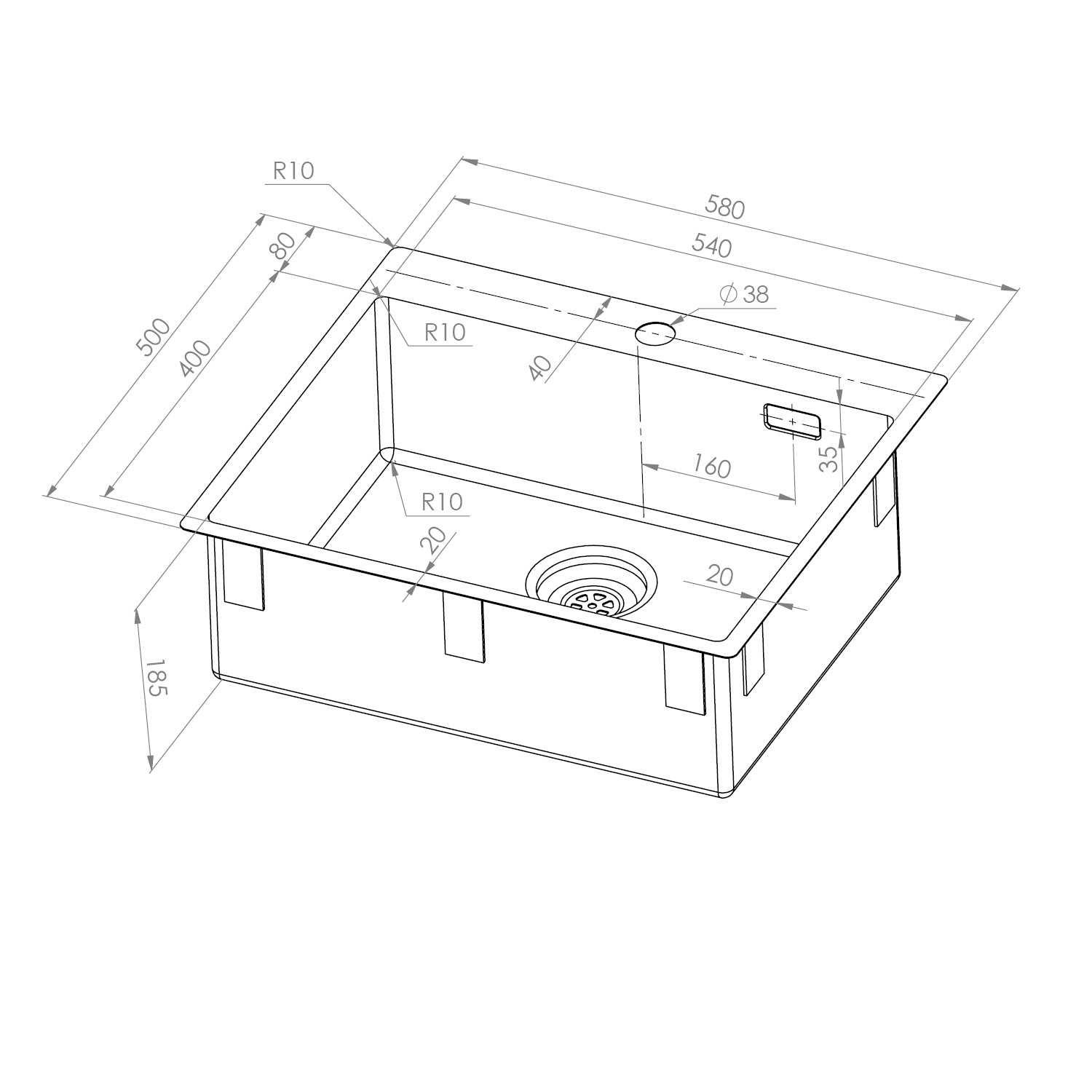 Enkelvask Strand Stainless SOLID med clips och blandarplats PVD Gold