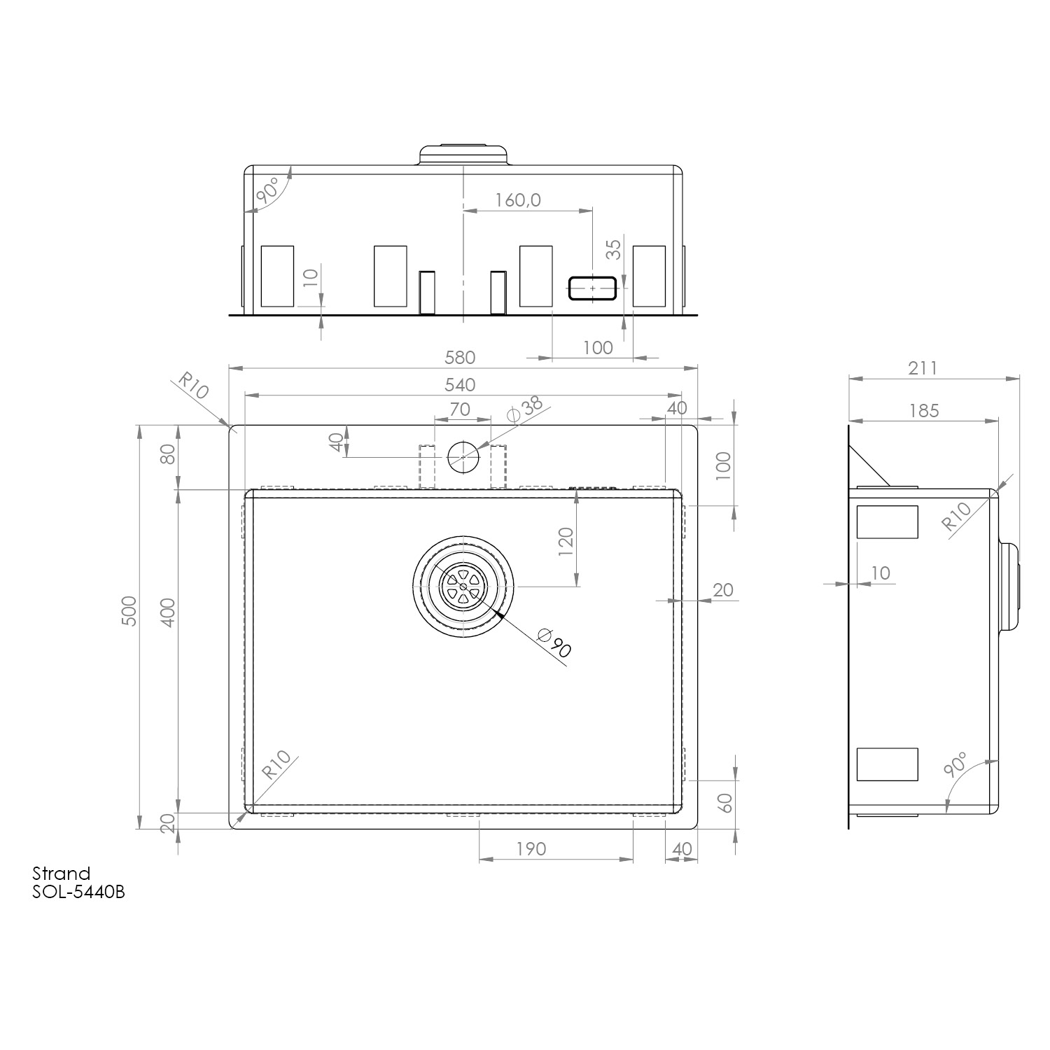 Enkelvask Strand Stainless SOLID med clips och blandarplats PVD Gun Metal