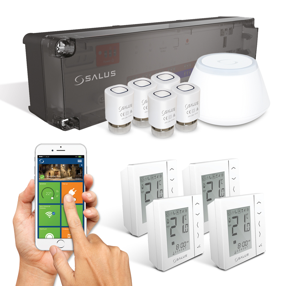 Styrpaket Flooré med 4 trådlösa termostater SP-4-5-UGE, 5 Ställdon