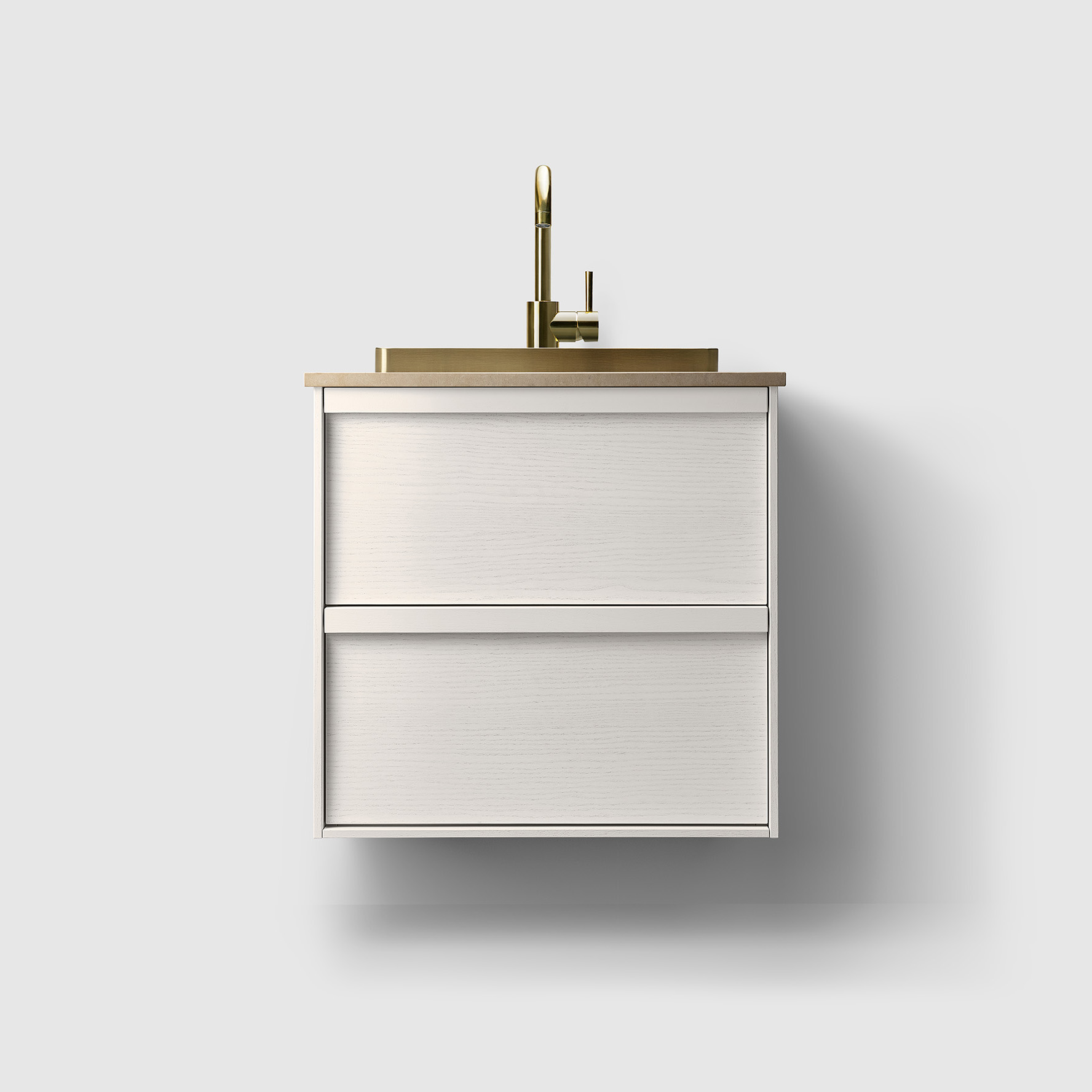 Tvättställsskåp Haven H2/60 med Stenskiva och Handfat Vit Ask, Stenskiva i Sandfärgad Marmor, Handfat i Vit Solid Surface