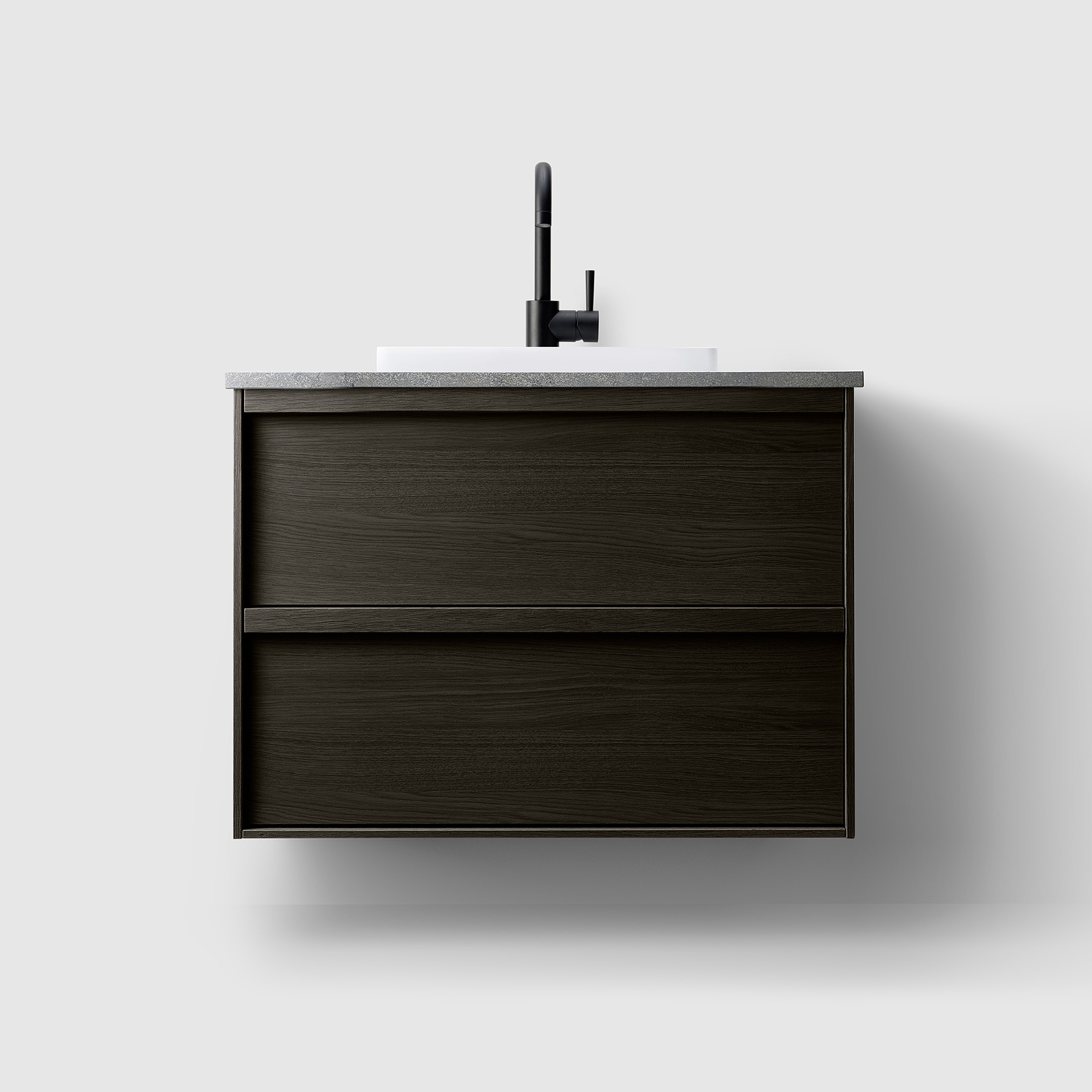 Tvättställsskåp Haven H2/80 med Stenskiva och Handfat Svart Ask, Stenskiva i Sandfärgad Marmor, Handfat i Mässing