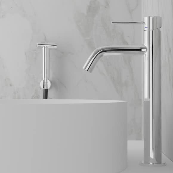 tvättställsblandare scandtap steel voyage high med sidodusch