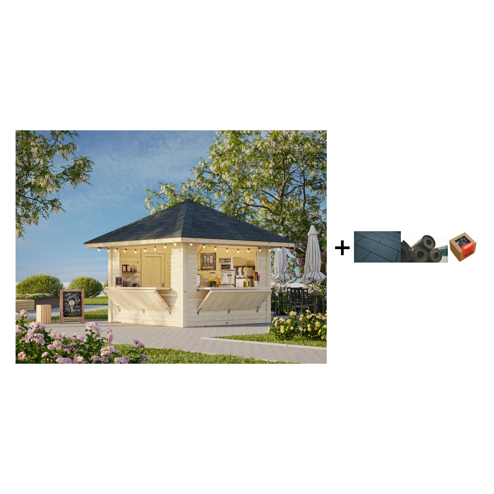 Kiosk Palmako Bianca 8,3 m2 Sett 105 med Shingel, Papp og Spiker