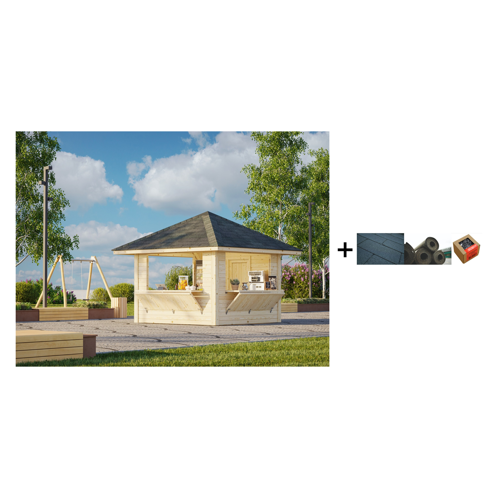 Kiosk Palmako Bianca 8,3 m2 Sett 106 med Shingel, Papp og Spiker