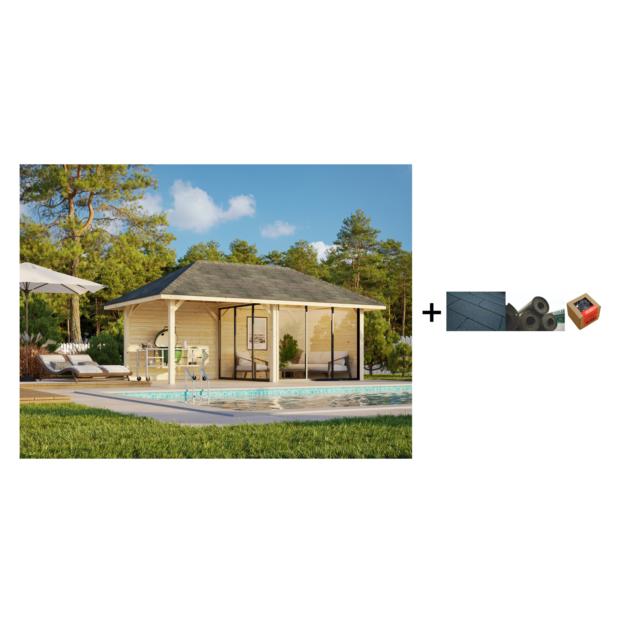 Hagestue Palmako Bianca 16,6 m2 Sett 205 Slide med Shingel, Papp og Spiker