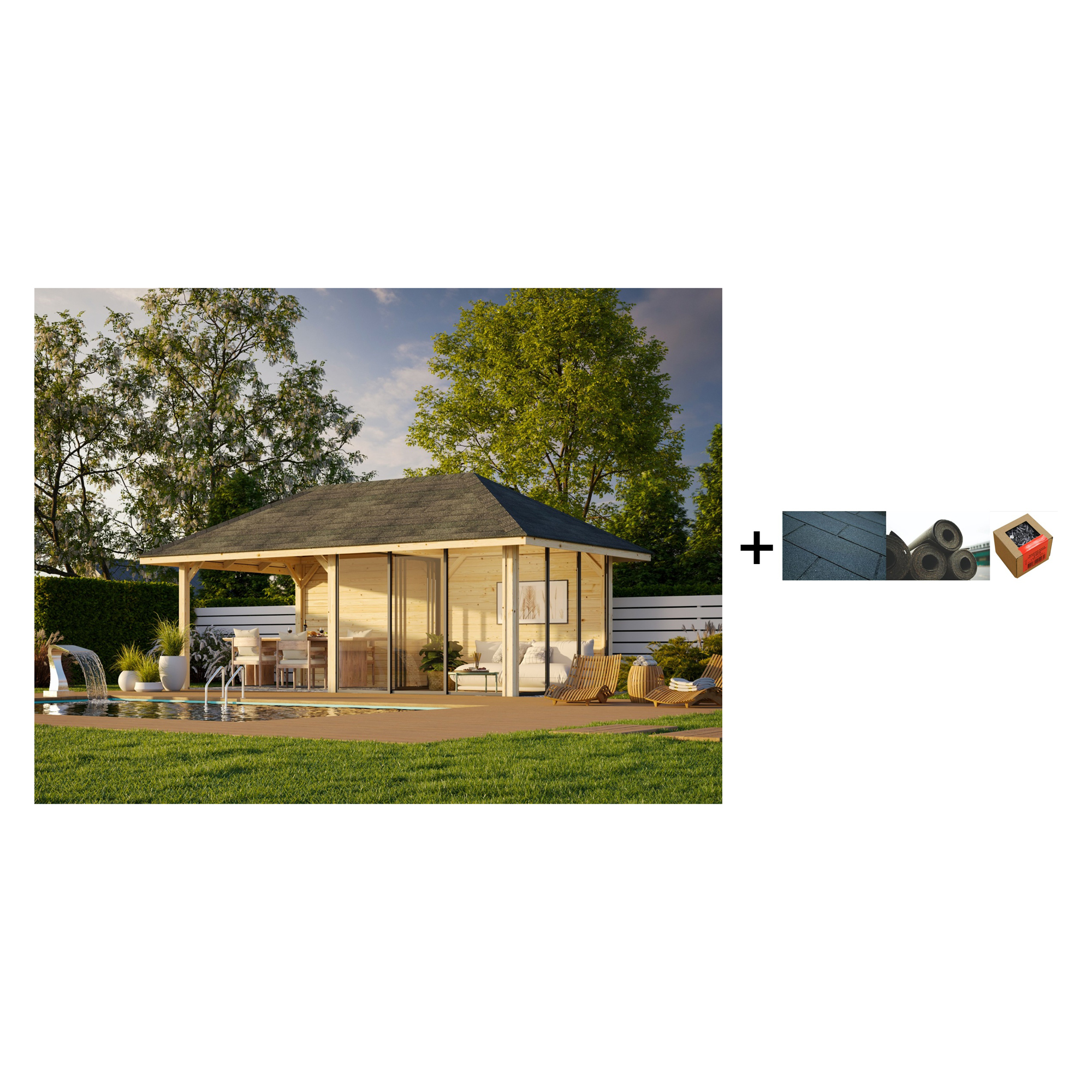 Hagestue Palmako Bianca 16,6 m2 Sett 206 Slide med Shingel, Papp og Spiker