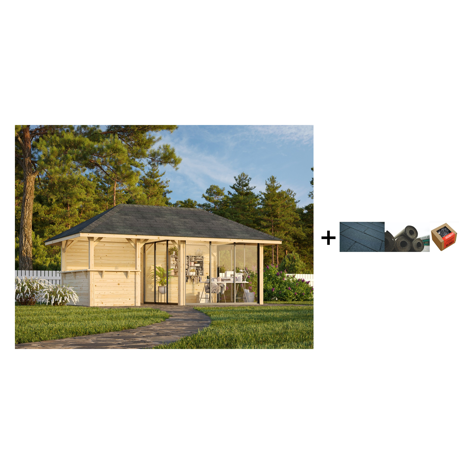 Hagestue Palmako Bianca 16,6 m2 Sett 208 Slide med Shingel, Papp og Spiker