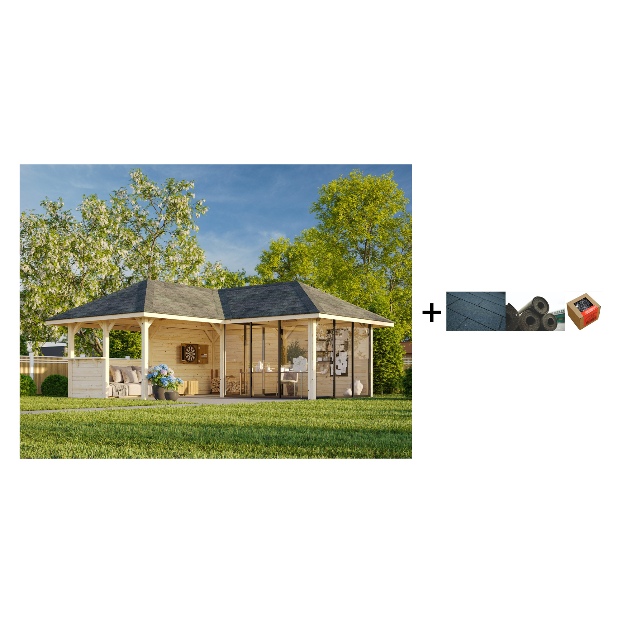 Hagestue Palmako Bianca 24,9 m2 Sett 210 Slide med Shingel, Papp og Spiker