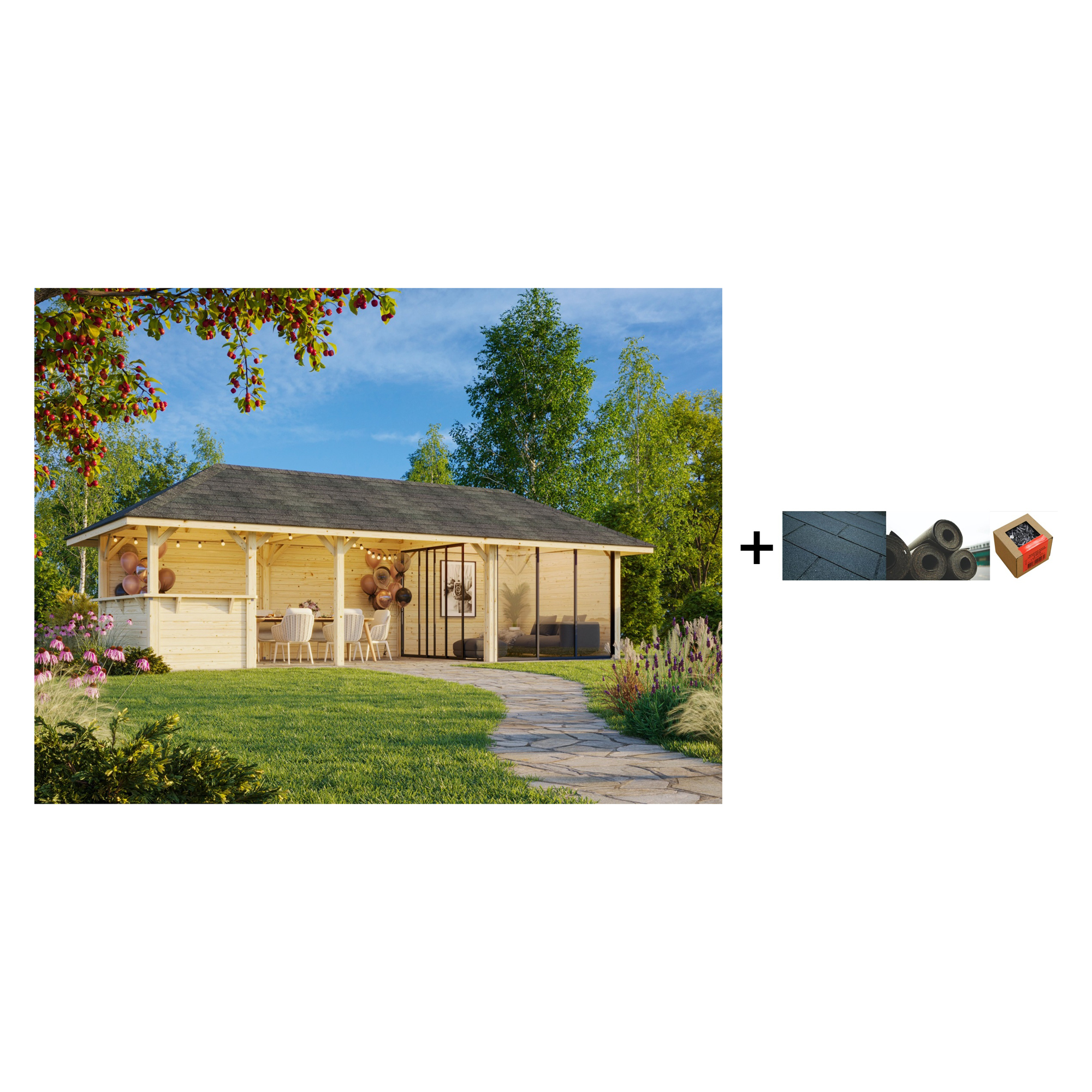 Hagestue Palmako Bianca 24,9 m2 Sett 215 Slide med Shingel, Papp og Spiker