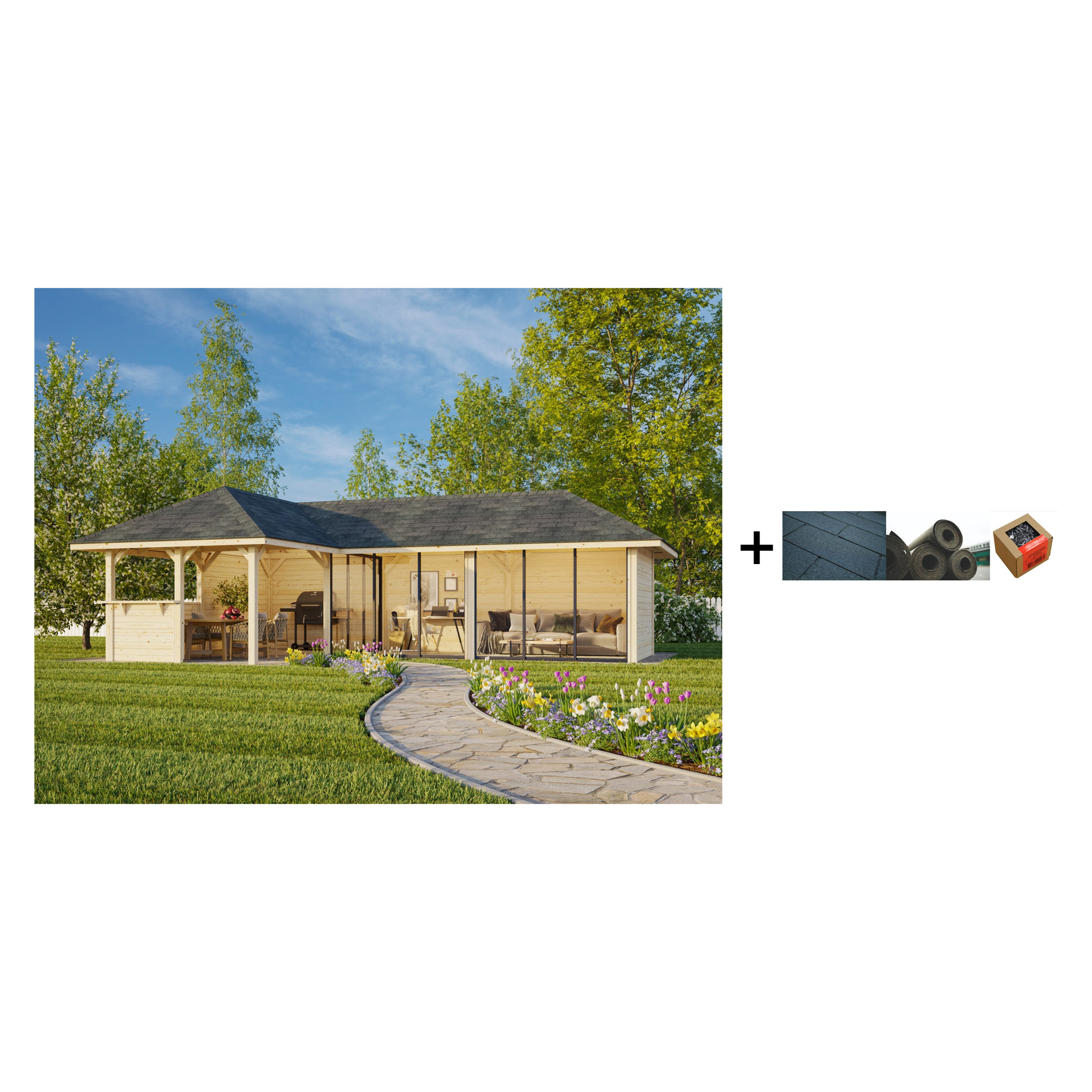 Hagestue Palmako Bianca 33,2 m2 Sett 220 Slide med Shingel, Papp og Spiker