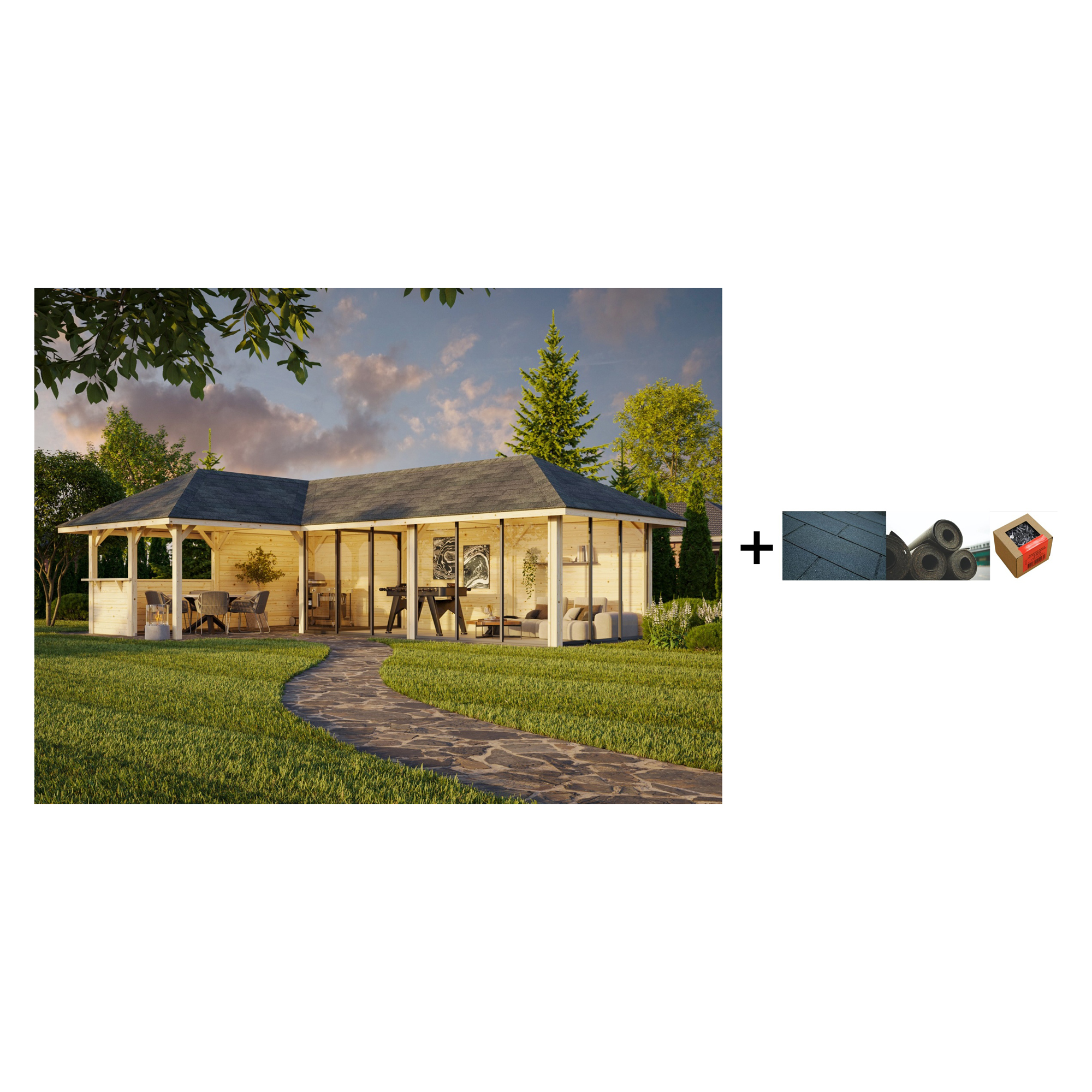 Hagestue Palmako Bianca 33,2 m2 Sett 221 Slide med Shingel, Papp og Spiker